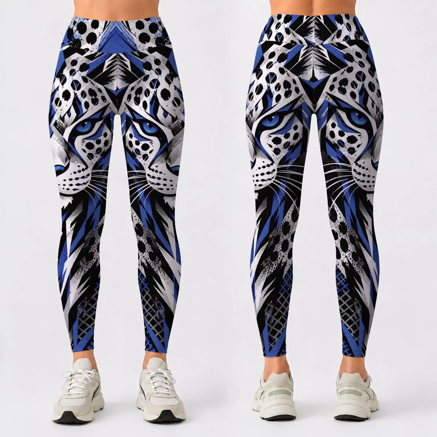Cobalt Blue Geometric Wildcat Motifs for Bold Yoga, Pilates and Fitness Sessions Leggings - 1