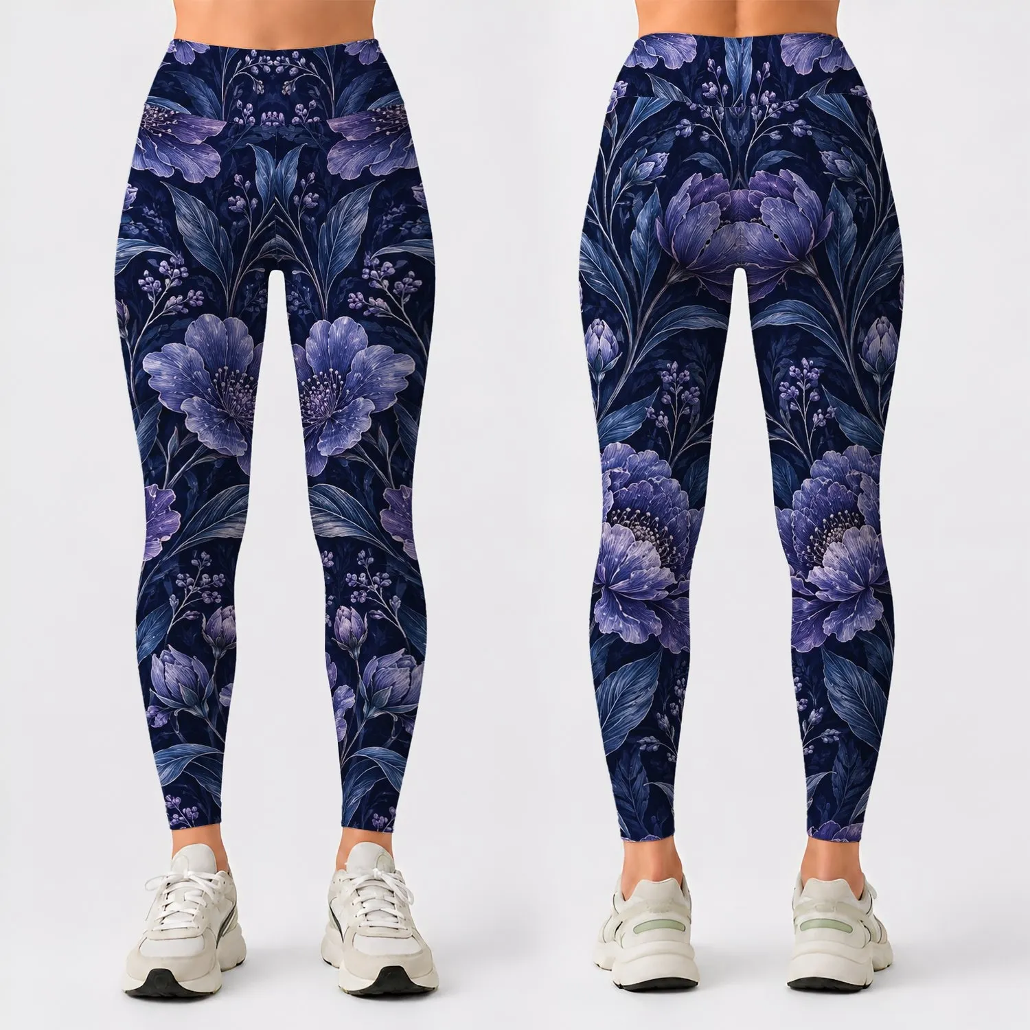 Indigo Botanical Linework for Yoga, Pilates, and Outdoor Fitness Training Lifestyle Leggings - 1