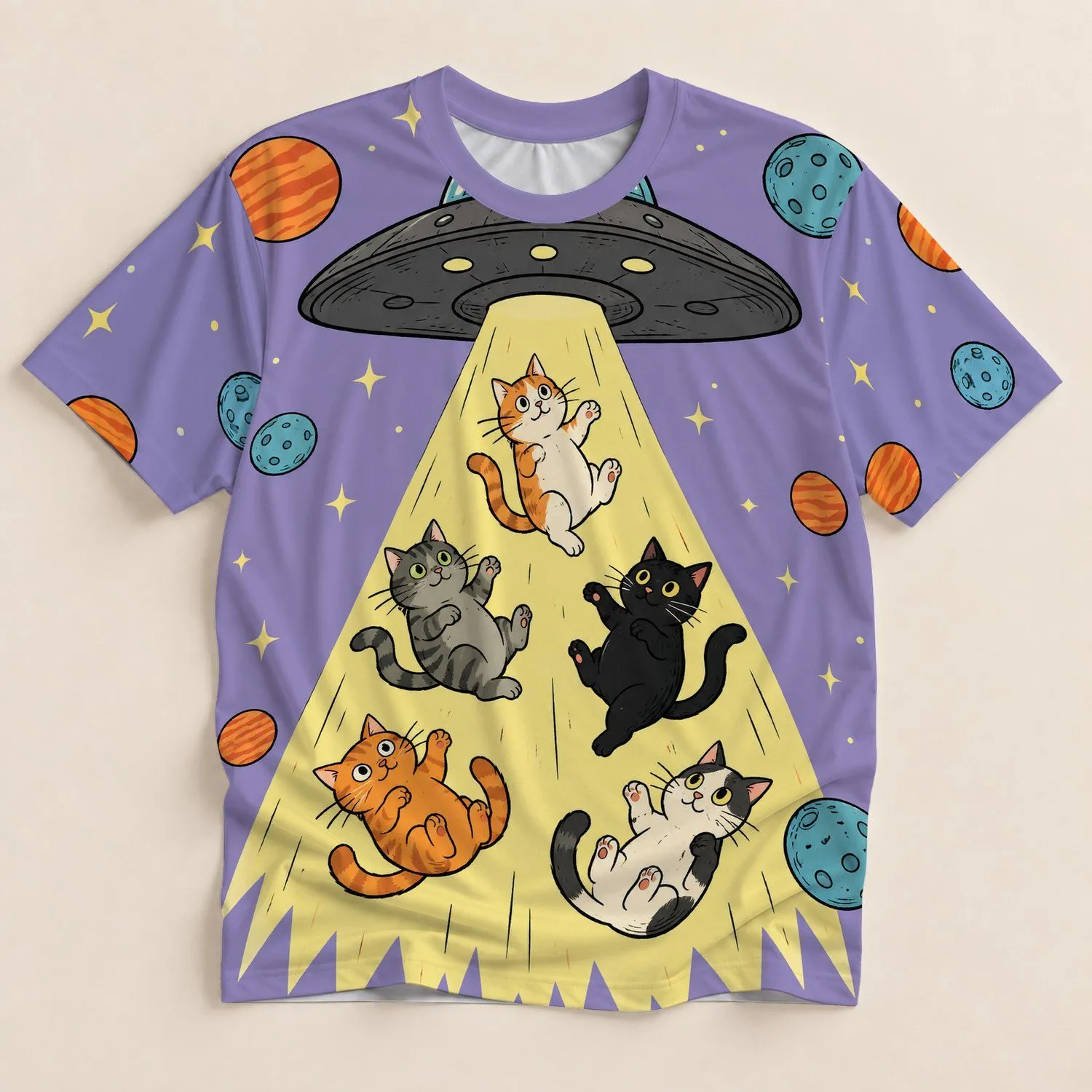 Whimsical UFO Cat Abduction Scene for Playful Cosmic Everyday Style Enthusiasts All-over Print Unisex T-shirt - 1