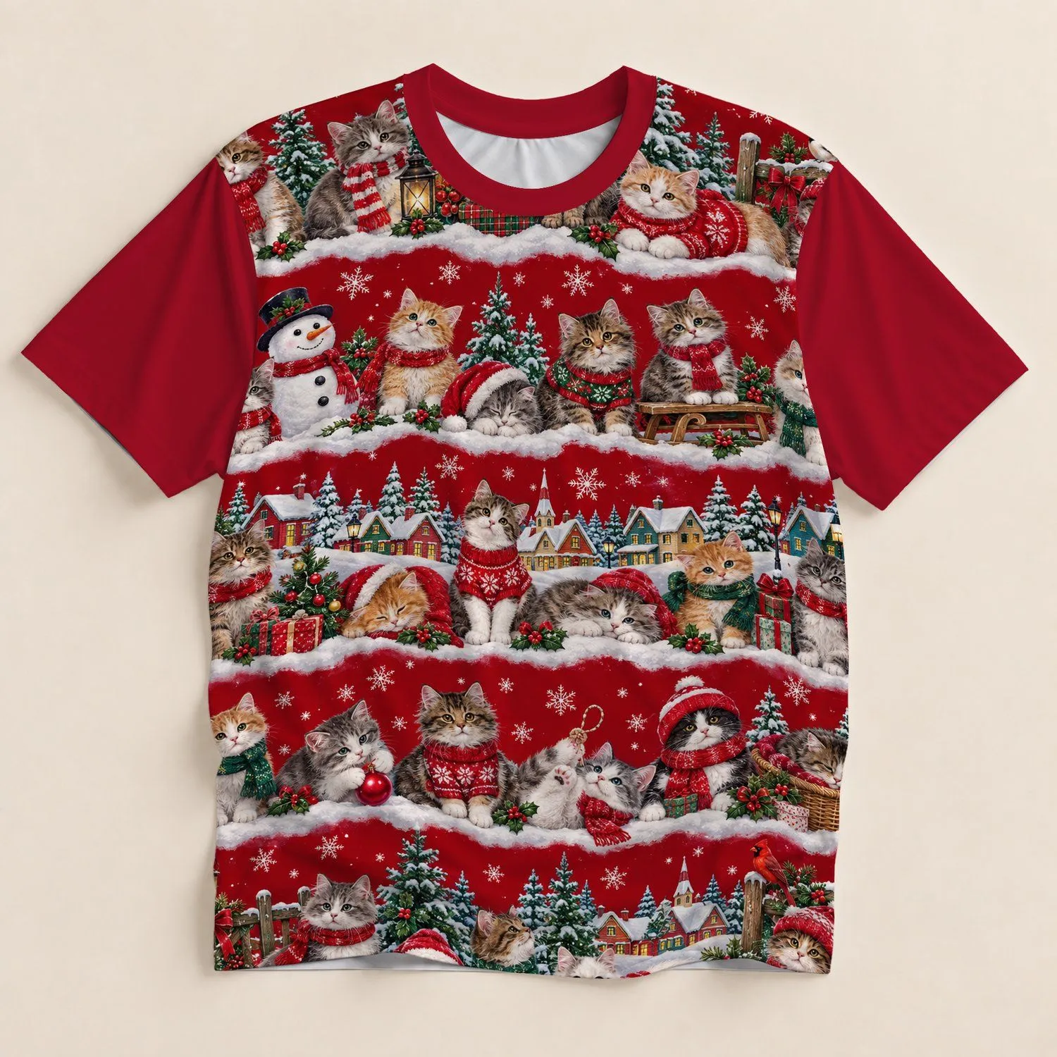 Christmas Cats in a Snowy Holiday Scene for Cozy Celebrations and Cat Lovers All-over Print Unisex T-shirt - 1
