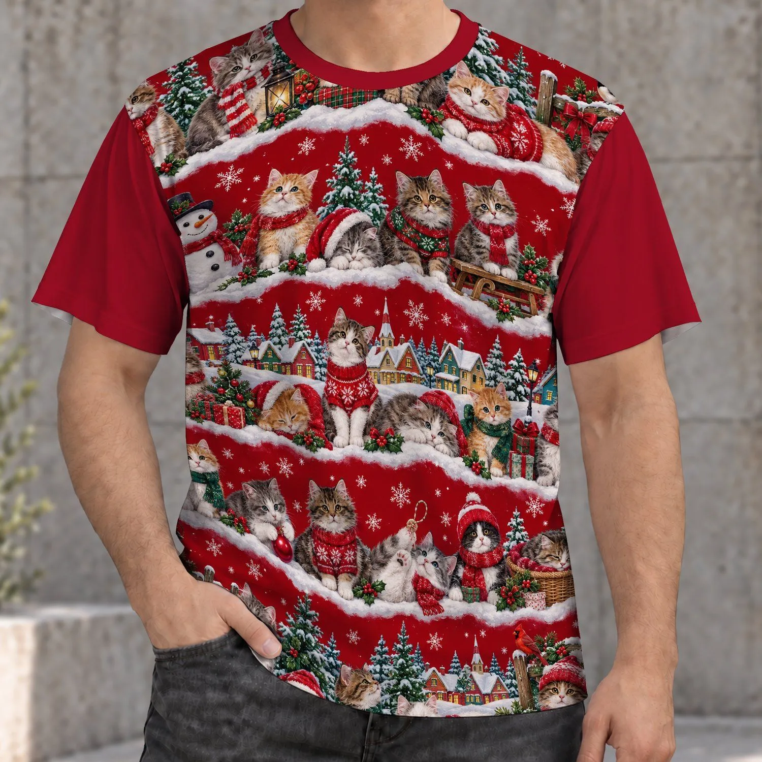 Christmas Cats in a Snowy Holiday Scene for Cozy Celebrations and Cat Lovers All-over Print Unisex T-shirt - 1