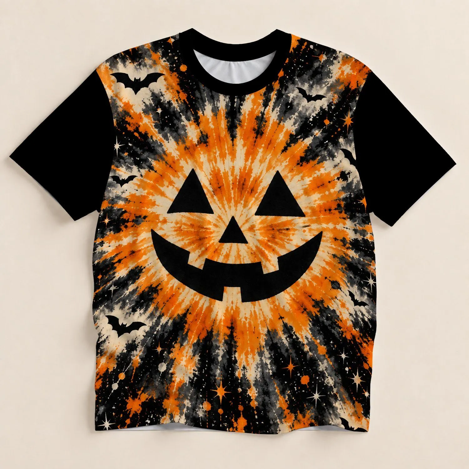 Orange Jack-O'-Lantern Face with Bats for Halloween Parties and Spooky October Nights All-over Print Unisex T-shirt - 1