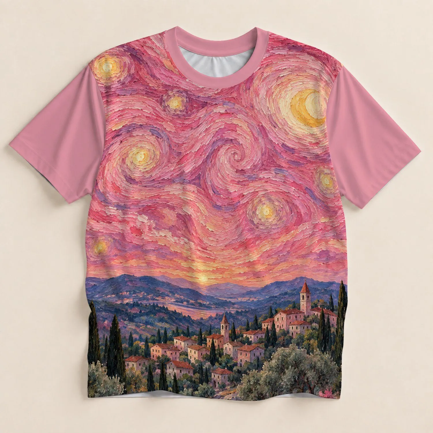 Pink Swirling Starry Sky and Tuscan Village for Art Lovers and Creative Getaways All-over Print Unisex T-shirt - 1