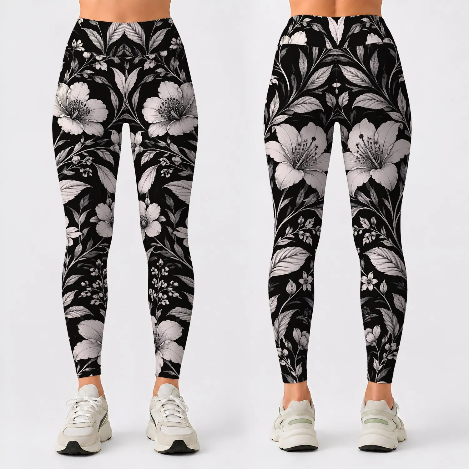 Monochrome Botanical Flowers For Yoga, Pilates And Everyday Activewear Leggings - 1