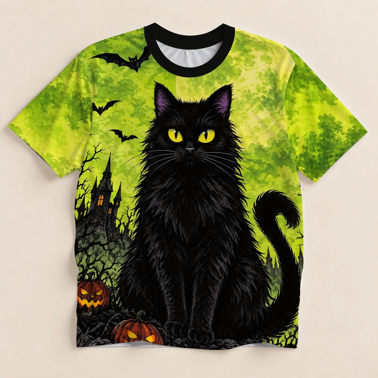 Black Cat and Haunted Castle for Spooky Halloween Nights and Autumn Gatherings All-over Print Unisex T-shirt - 1