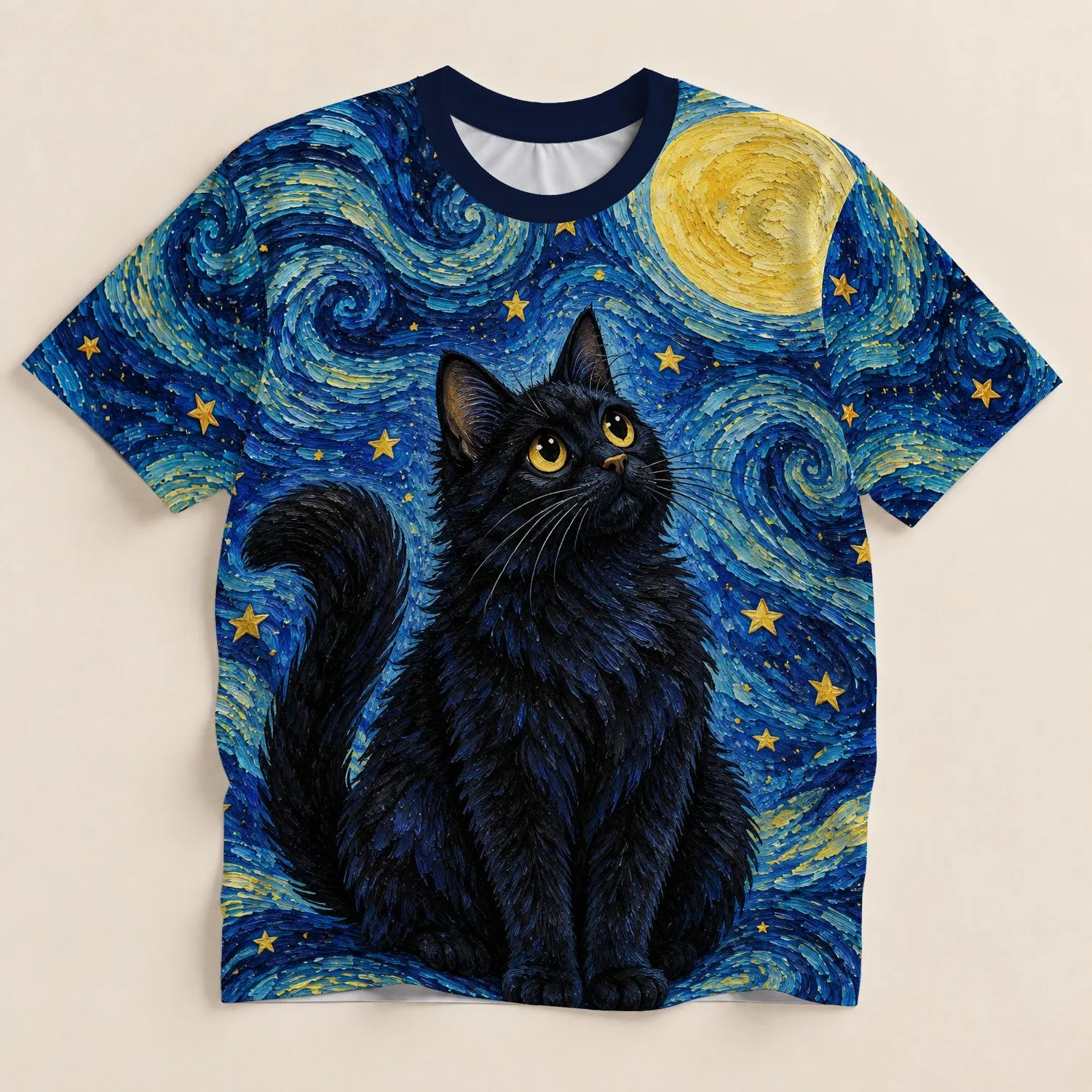Black Cat Under a Golden Starry Sky for Whimsical Everyday Style All-over Print Unisex T-shirt - 1