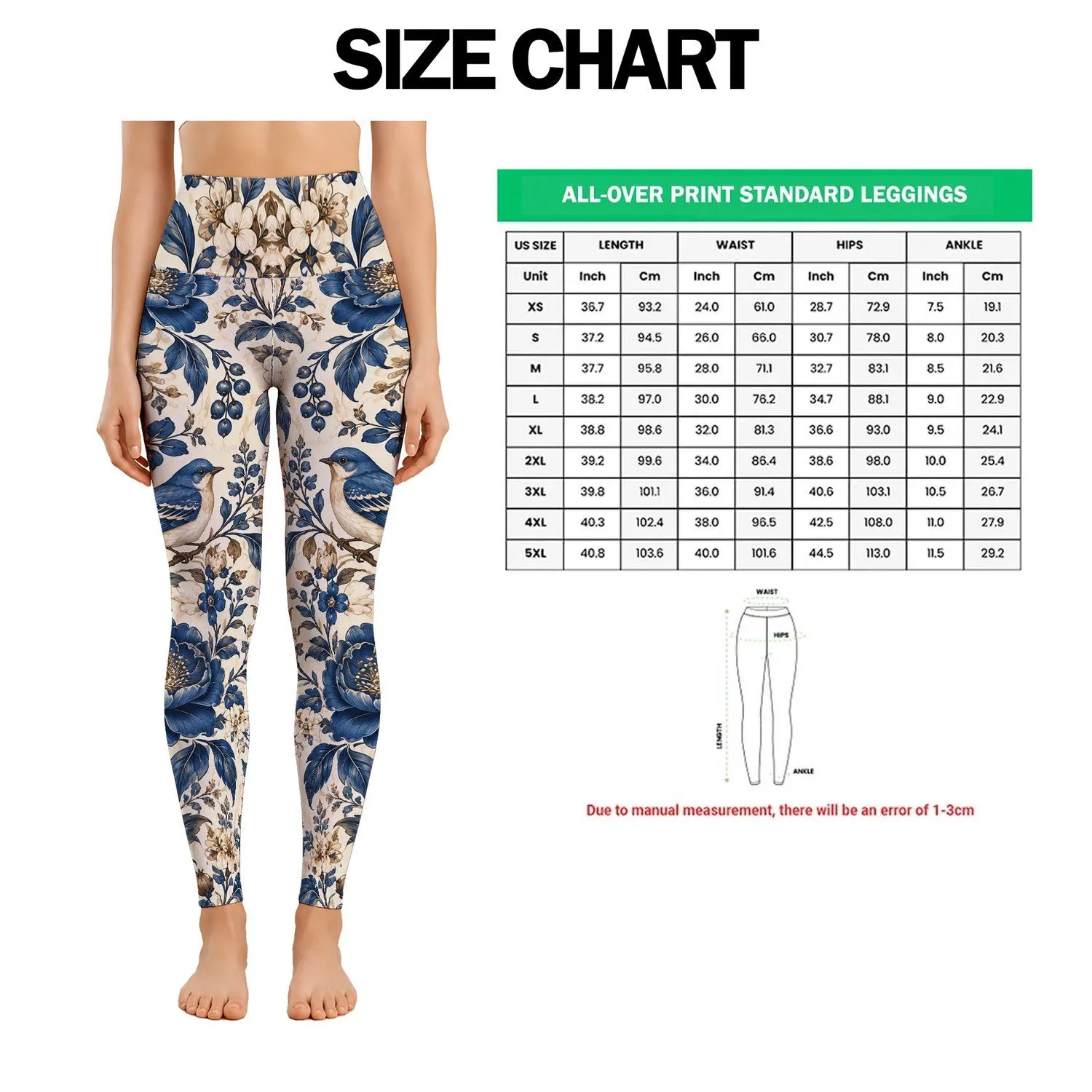 Indigo Songbird And Wildflower Motifs For Yoga, Pilates, Cycling And Outdoor Training Leggings - 1