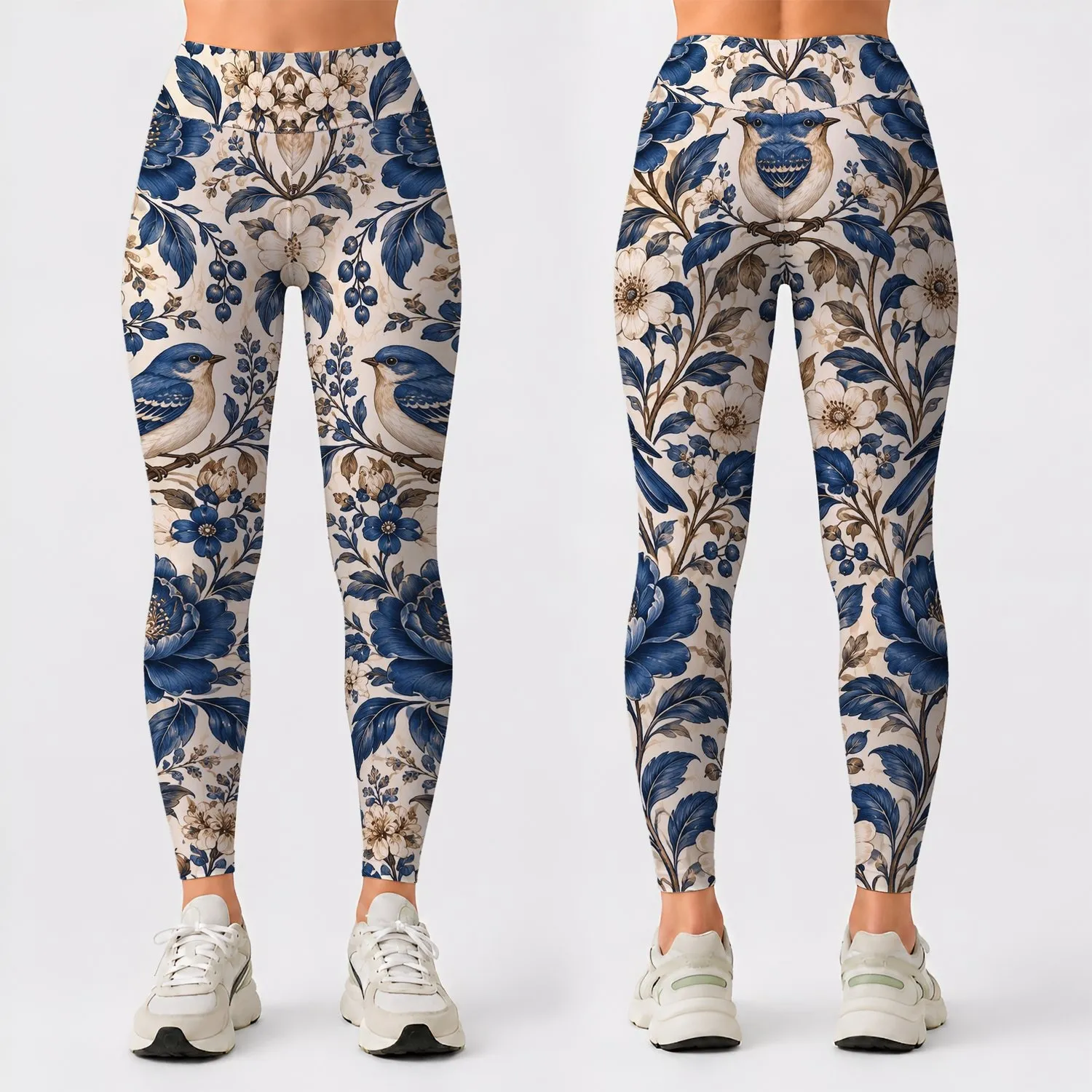 Indigo Songbird And Wildflower Motifs For Yoga, Pilates, Cycling And Outdoor Training Leggings - 1