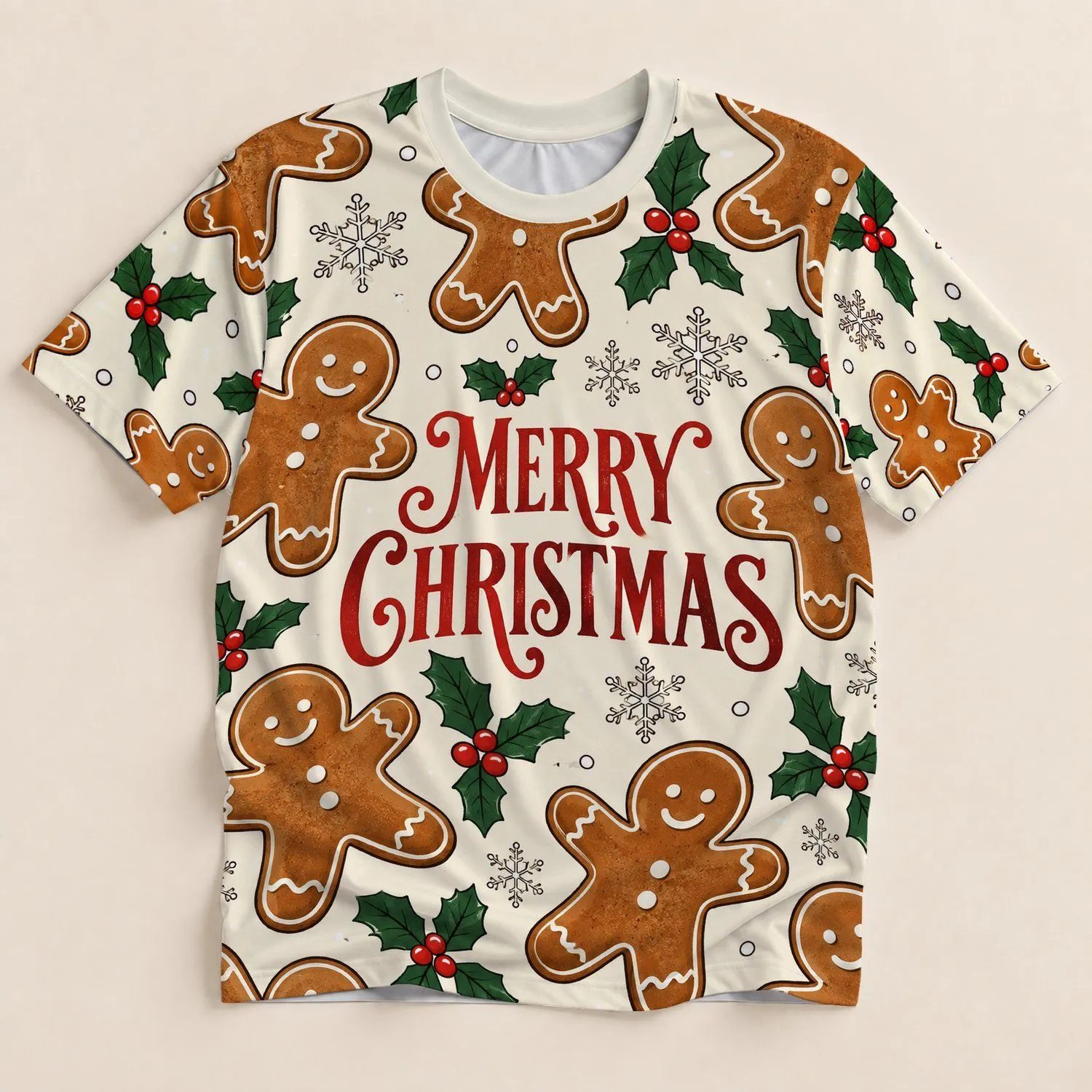 Gingerbread Men And Holly For Merry Christmas Holiday Celebrations And Seasonal Cheer All-over Print Unisex T-shirt - 1