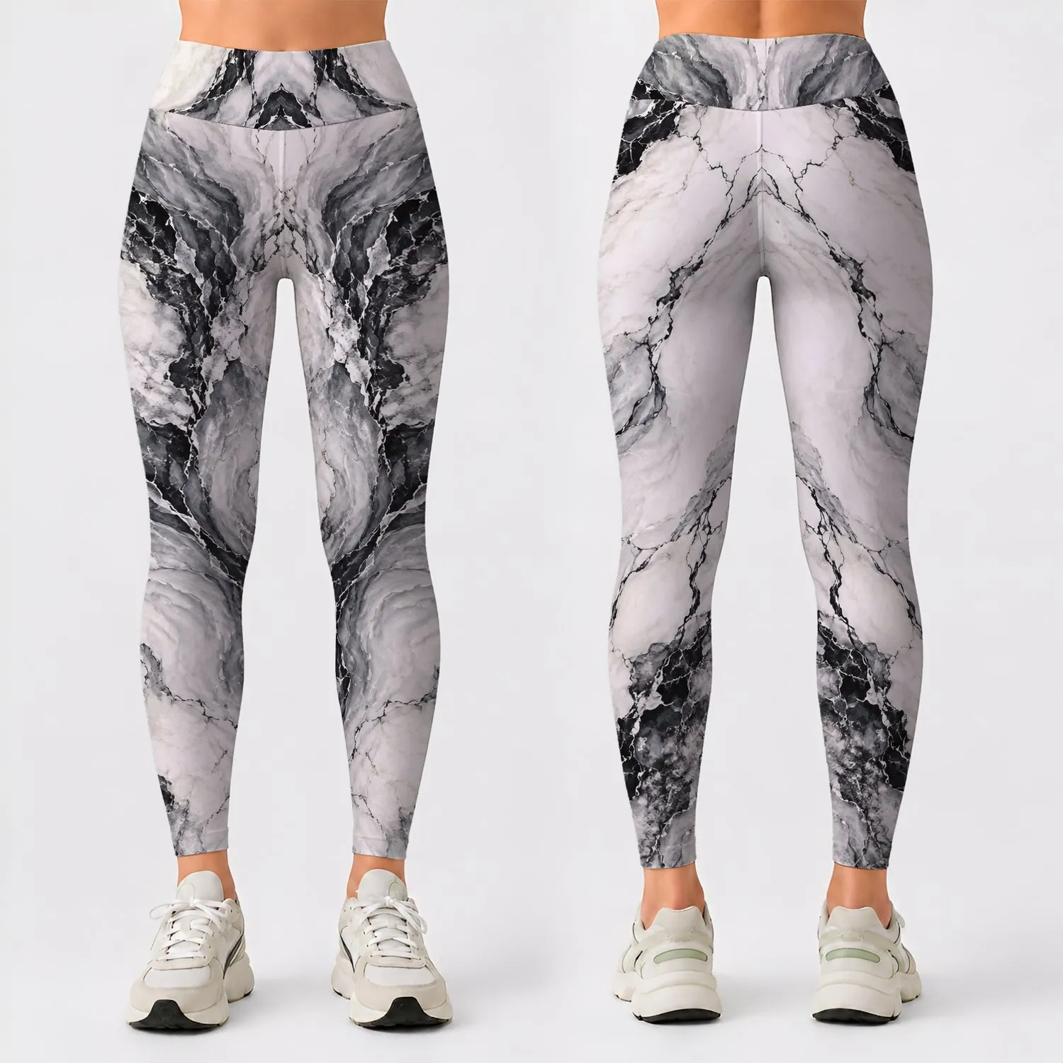 White Charcoal Marble Veining for Yoga, Gym Workouts, and Everyday Activewear Leggings - 1