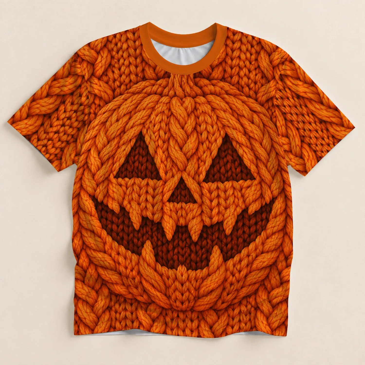 Knitted Pumpkin Face for Autumn Gatherings and Cozy Halloween Season Style All-over Print Unisex T-shirt - 1