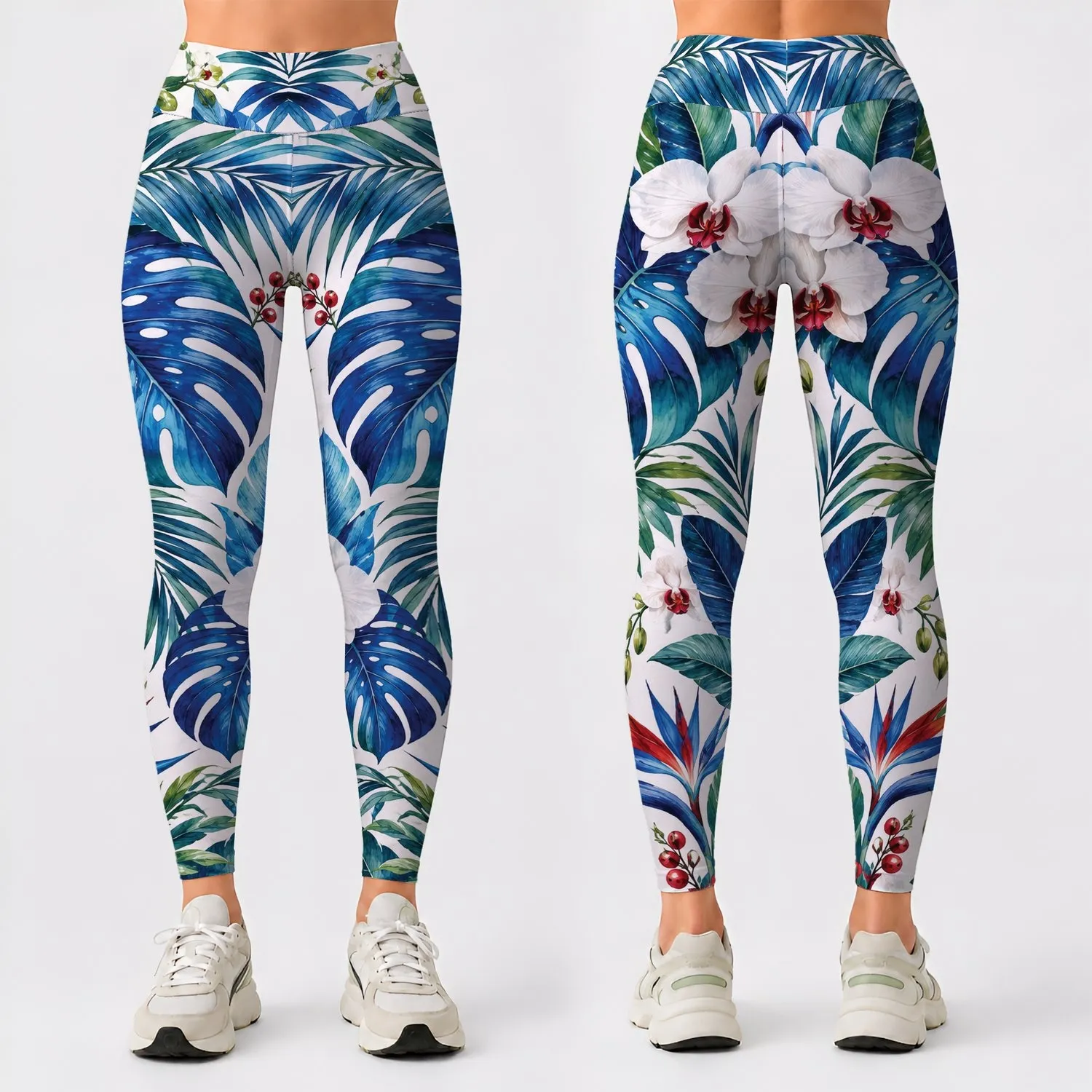 Blue Tropical Jungle Leaves And Orchids For Yoga, Running And Summer Fitness Women Leggings - 1