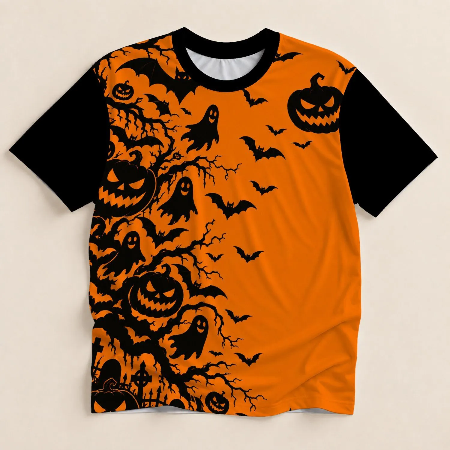 Halloween Bats and Jack-O'-Lanterns for Spooky October Parties and Fall Nights All-over Print Unisex T-shirt - 1