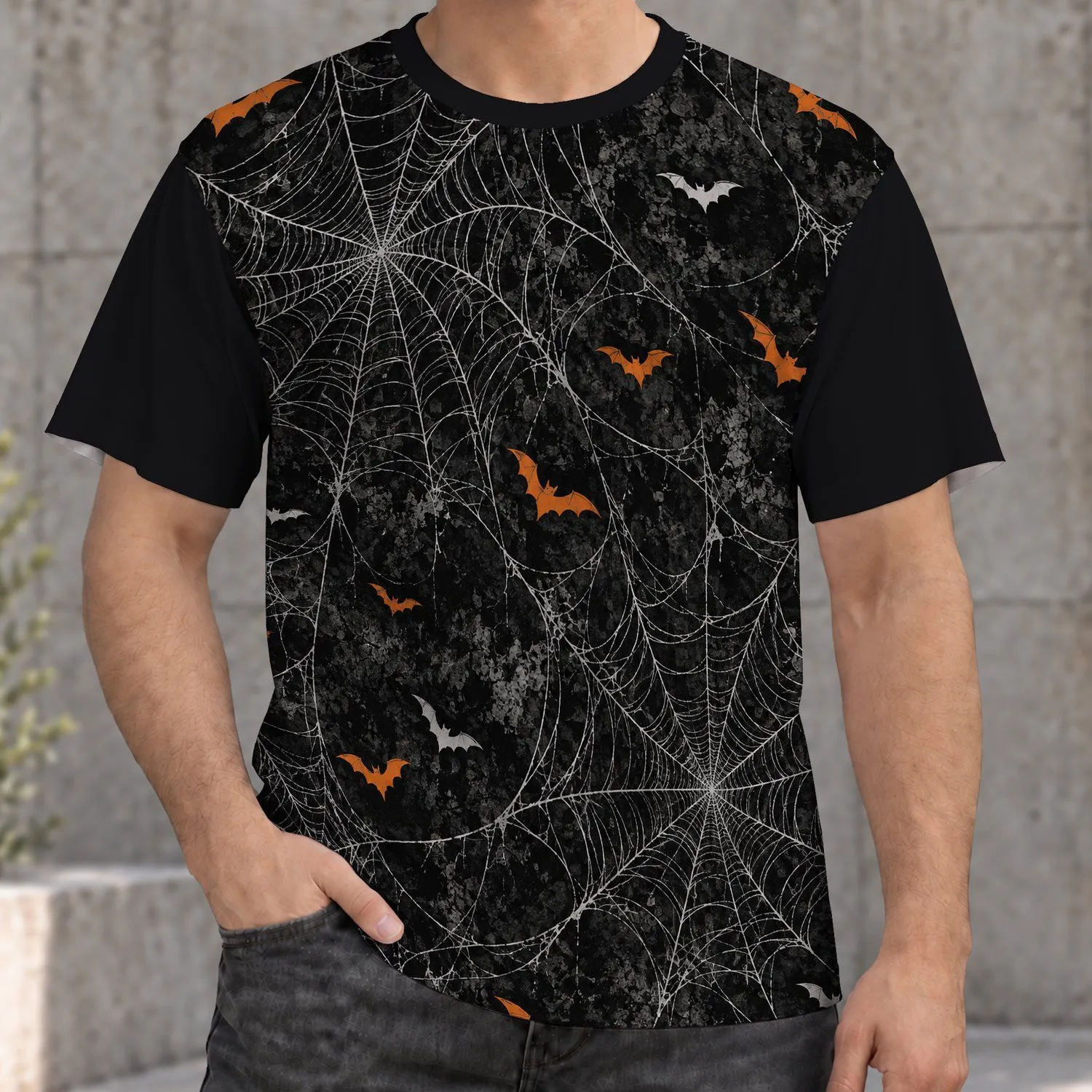 Distressed Spiderwebs And Orange Bats For Halloween Night Celebrations All-over Print Unisex T-shirt - 1