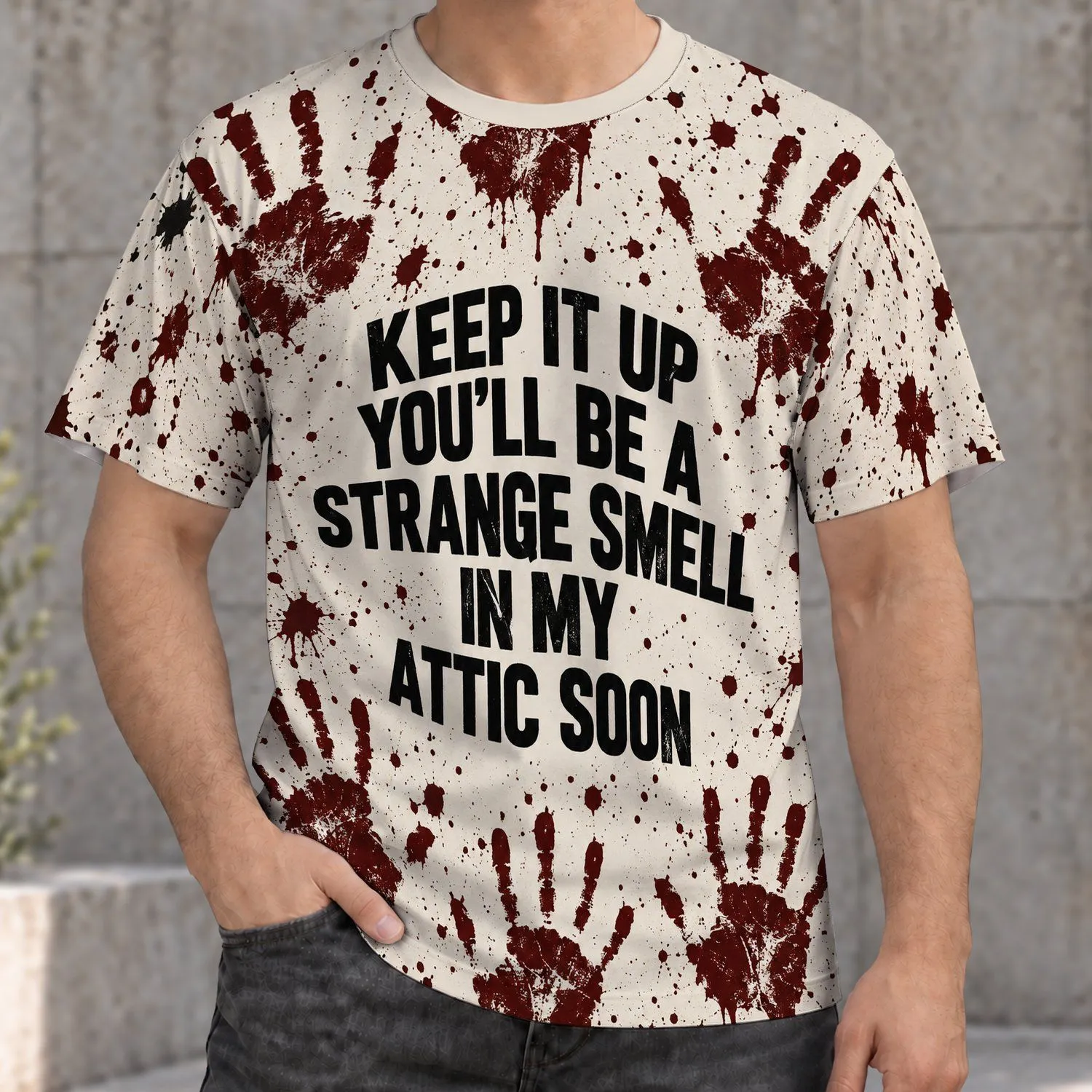 Halloween Handprint Splatter Saying for Spooky Season and Haunted Home Humor for Women All-over Print Unisex T-shirt - 1