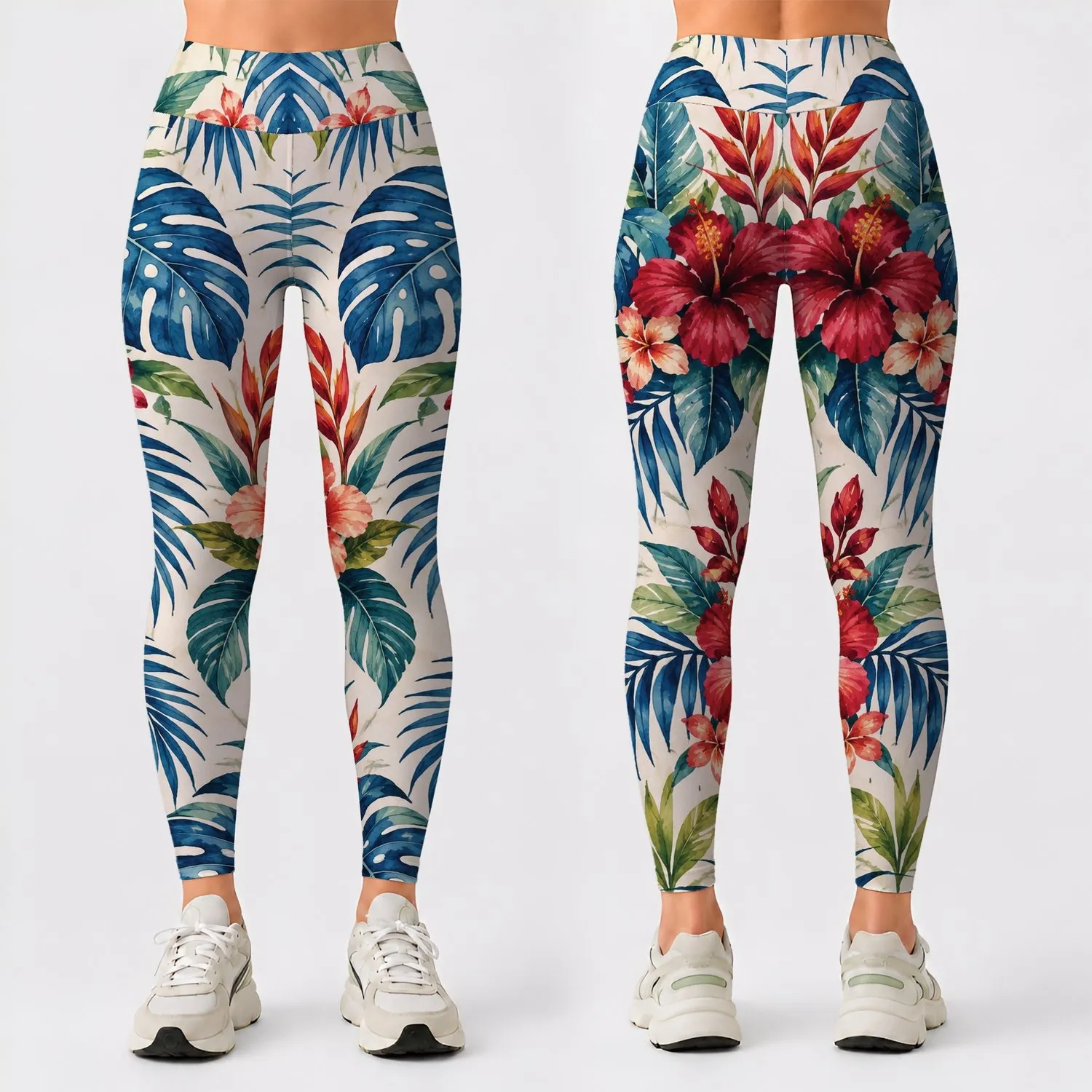 Blue Monstera And Crimson Hibiscus Tropical Garden For Yoga And Outdoor Training Leggings - 1