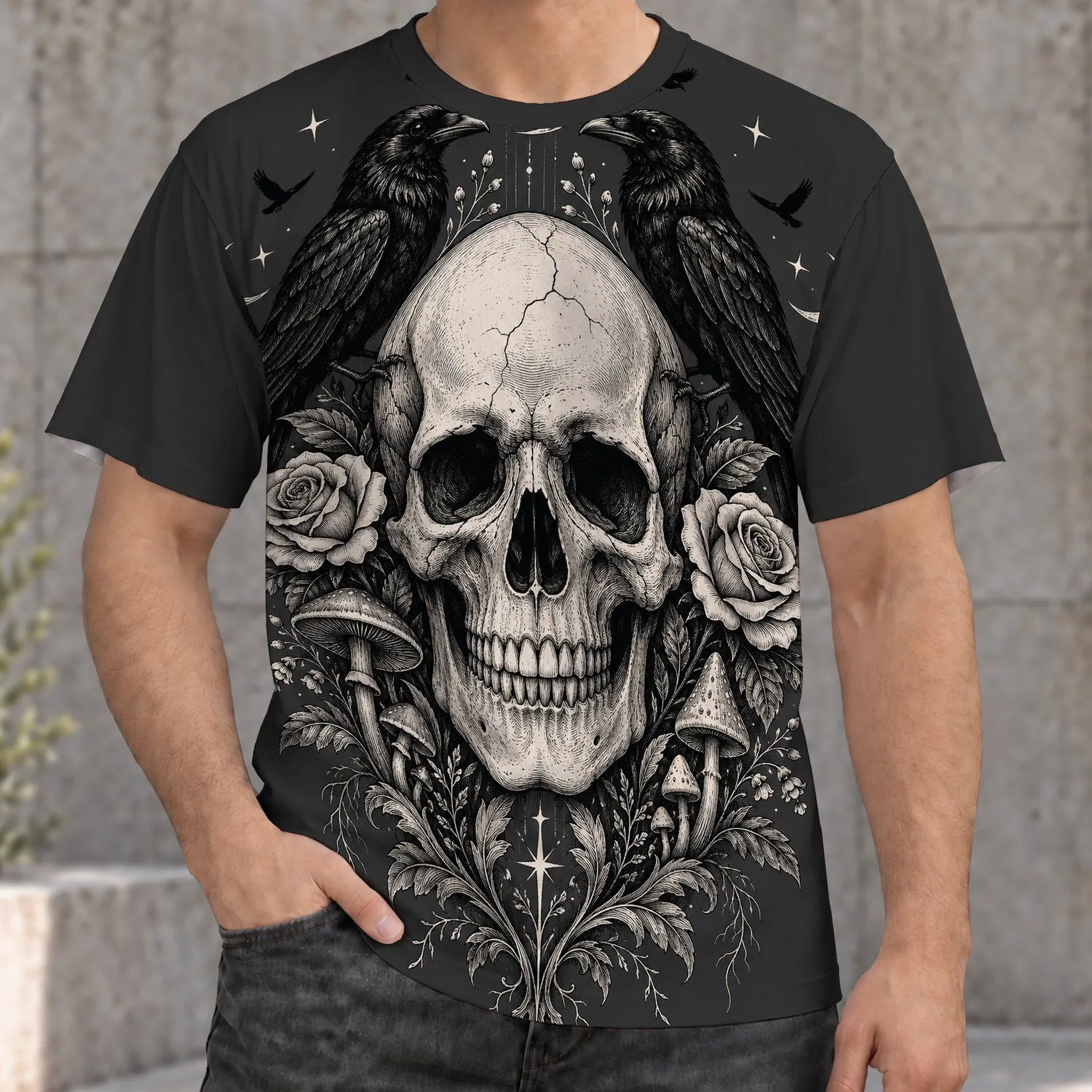 Gothic Skull with Crows, Roses and Mushrooms for Moody Autumn Nights and Alt Style All-over Print Unisex T-shirt - 1