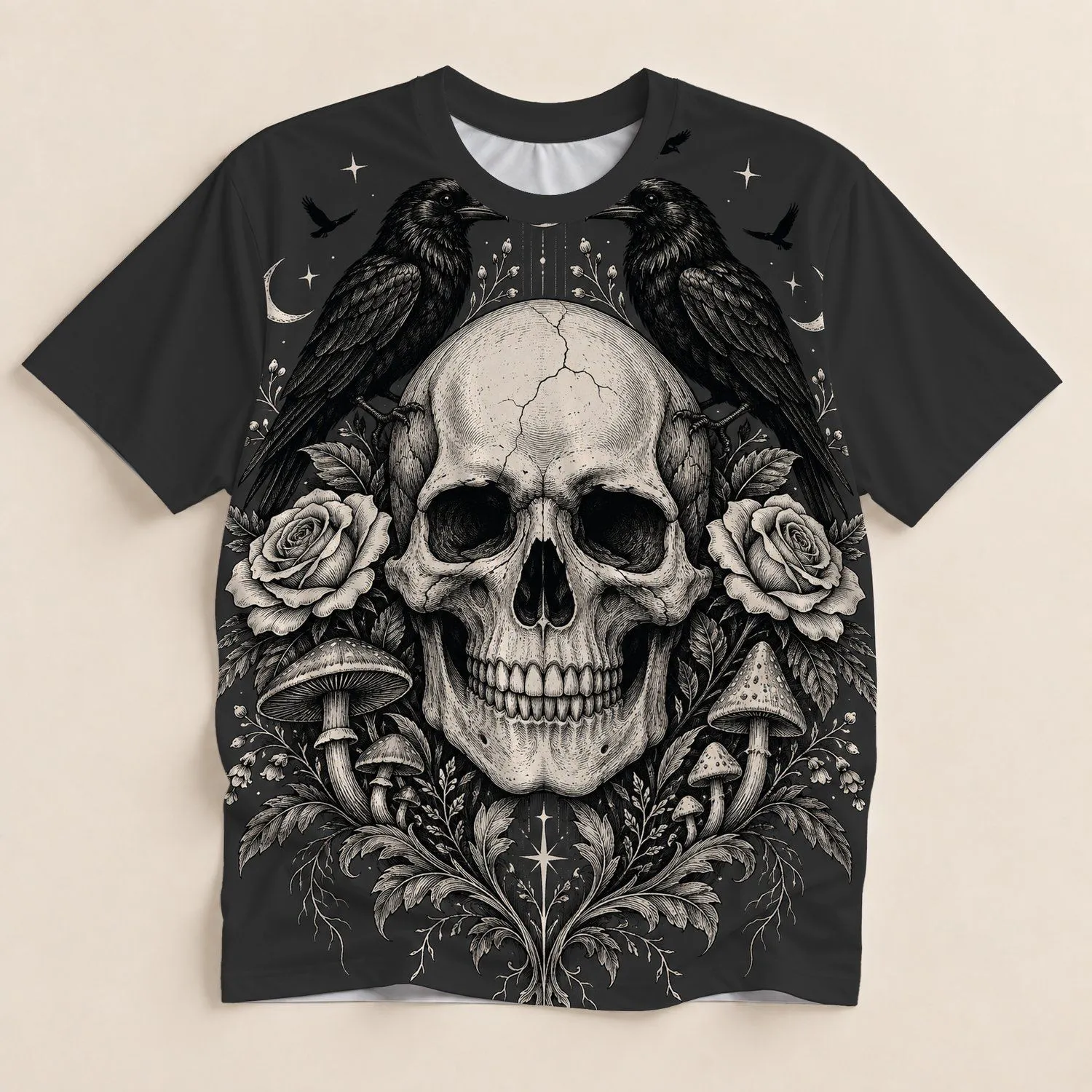 Gothic Skull with Crows, Roses and Mushrooms for Moody Autumn Nights and Alt Style All-over Print Unisex T-shirt - 1