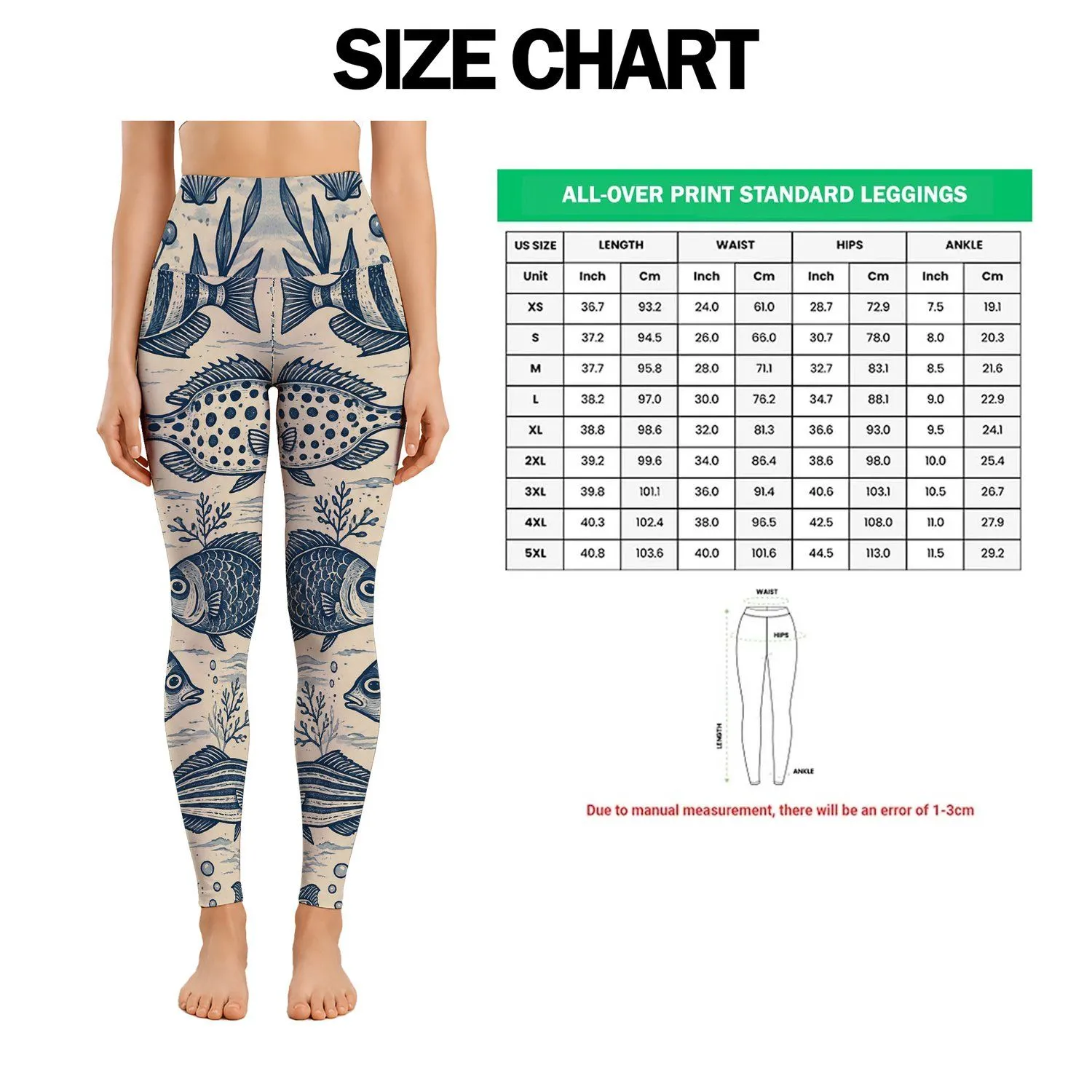 Vintage Navy Fish Folk Art for Coastal Weekends and Relaxed Everyday Adventures Afloat Leggings - 1