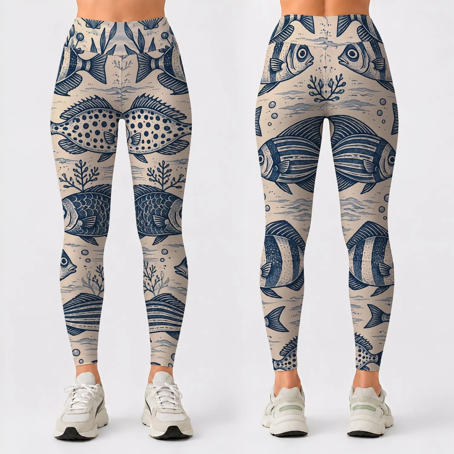 Vintage Navy Fish Folk Art for Coastal Weekends and Relaxed Everyday Adventures Afloat Leggings - 1