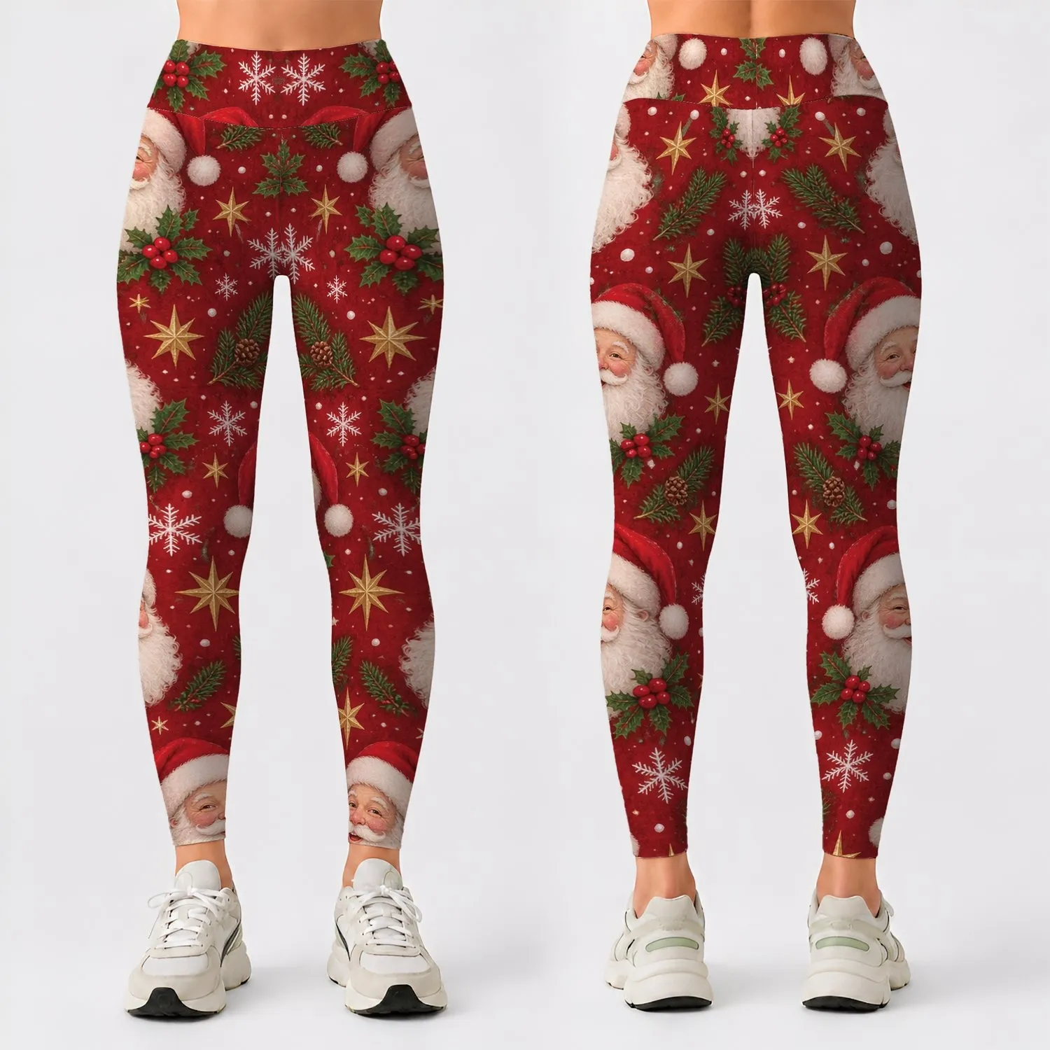 Vintage Santa Faces And Evergreen Sprigs For Cozy Christmas Holiday Celebrations Leggings - 1