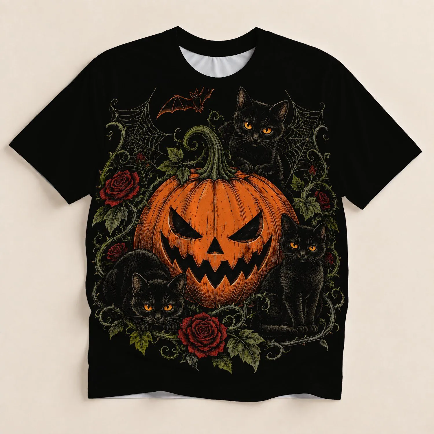 Scary Pumpkin and Three Black Cats for Halloween Celebrations and Autumn Parties All-over Print Unisex T-shirt - 1