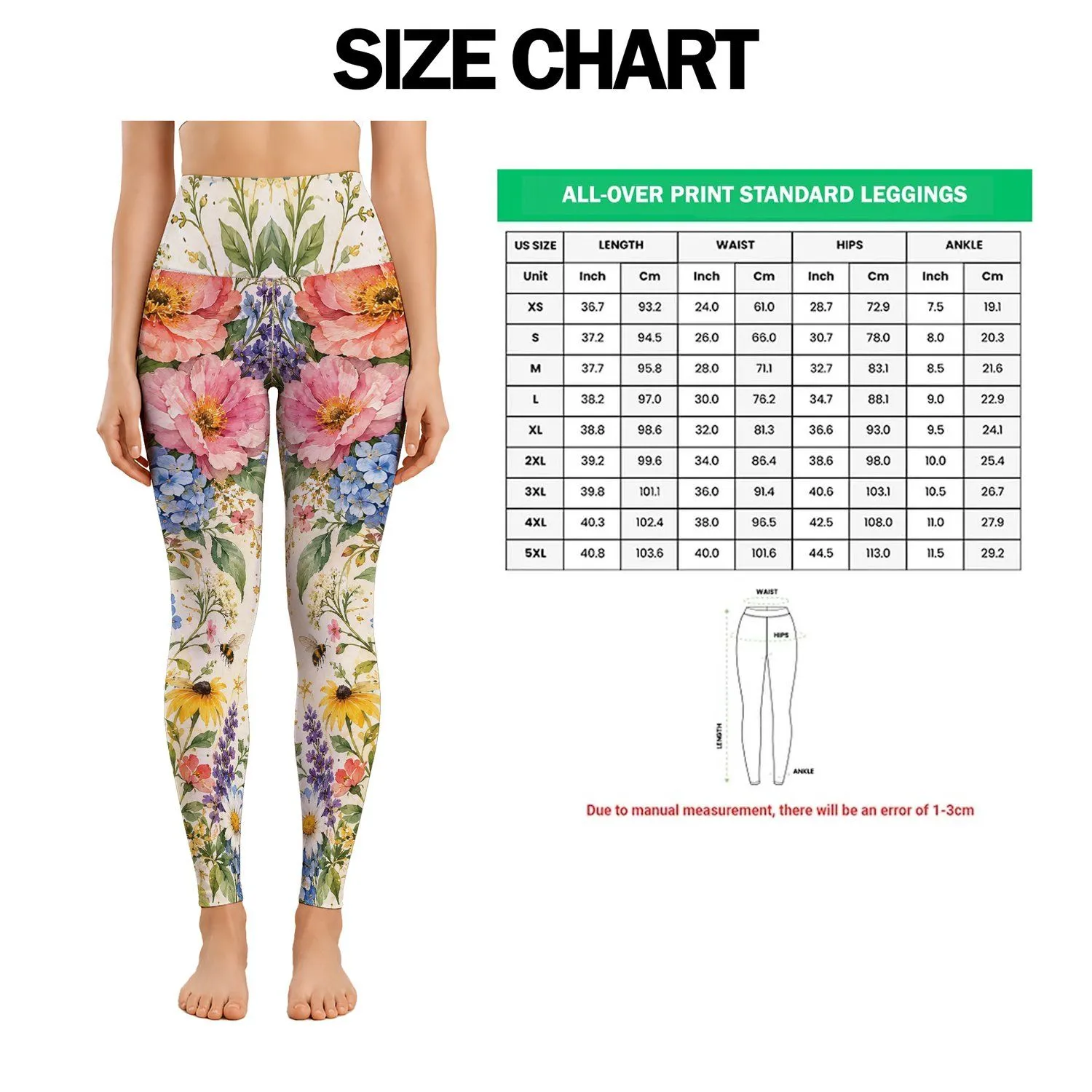 Watercolor Garden Flowers and Ladybugs for Camping and Countryside Outings Leggings - 1