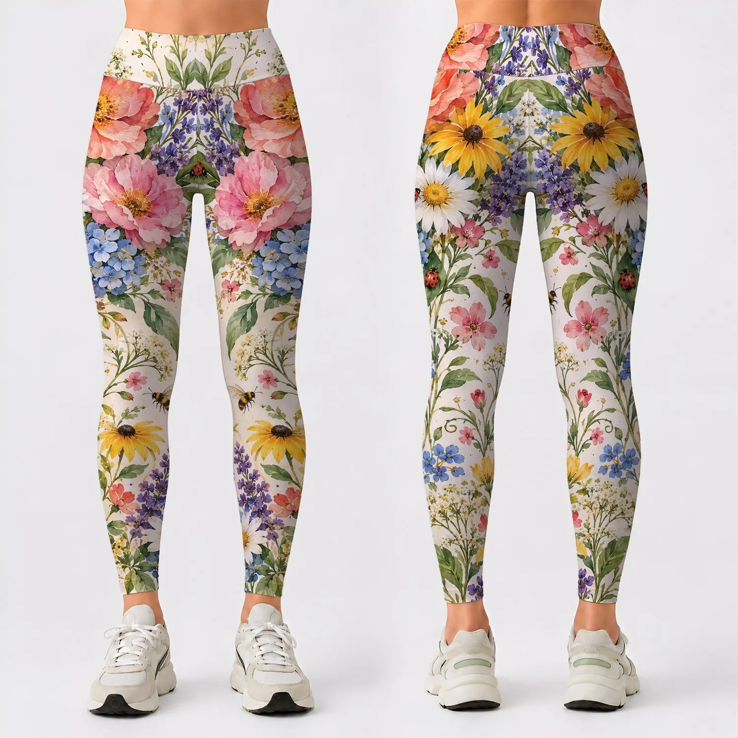 Watercolor Garden Flowers and Ladybugs for Camping and Countryside Outings Leggings - 1