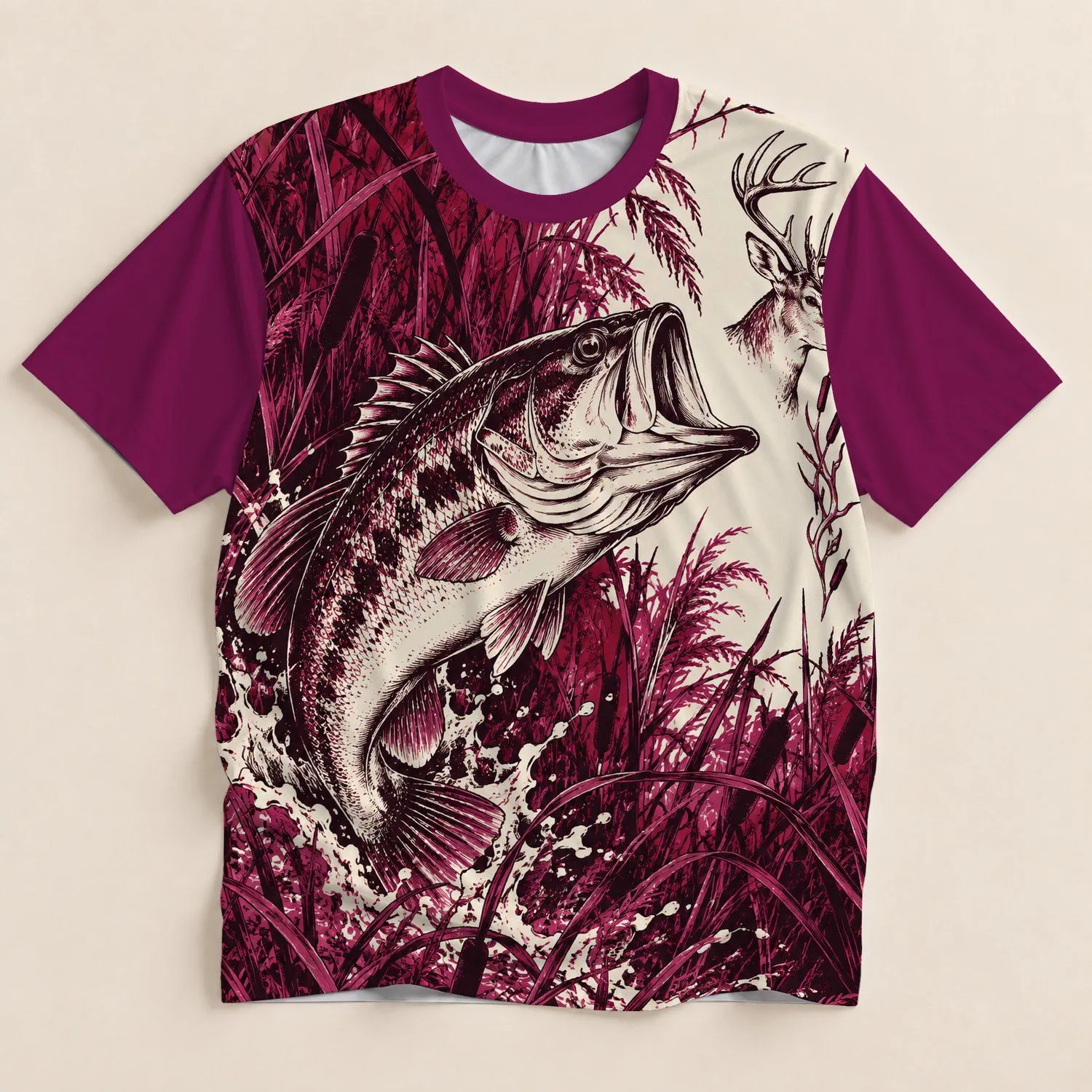 Bass And Deer Hunting Adventure For Fishing Trips, Camping And Outdoor Weekends All-over Print Unisex T-shirt - 1