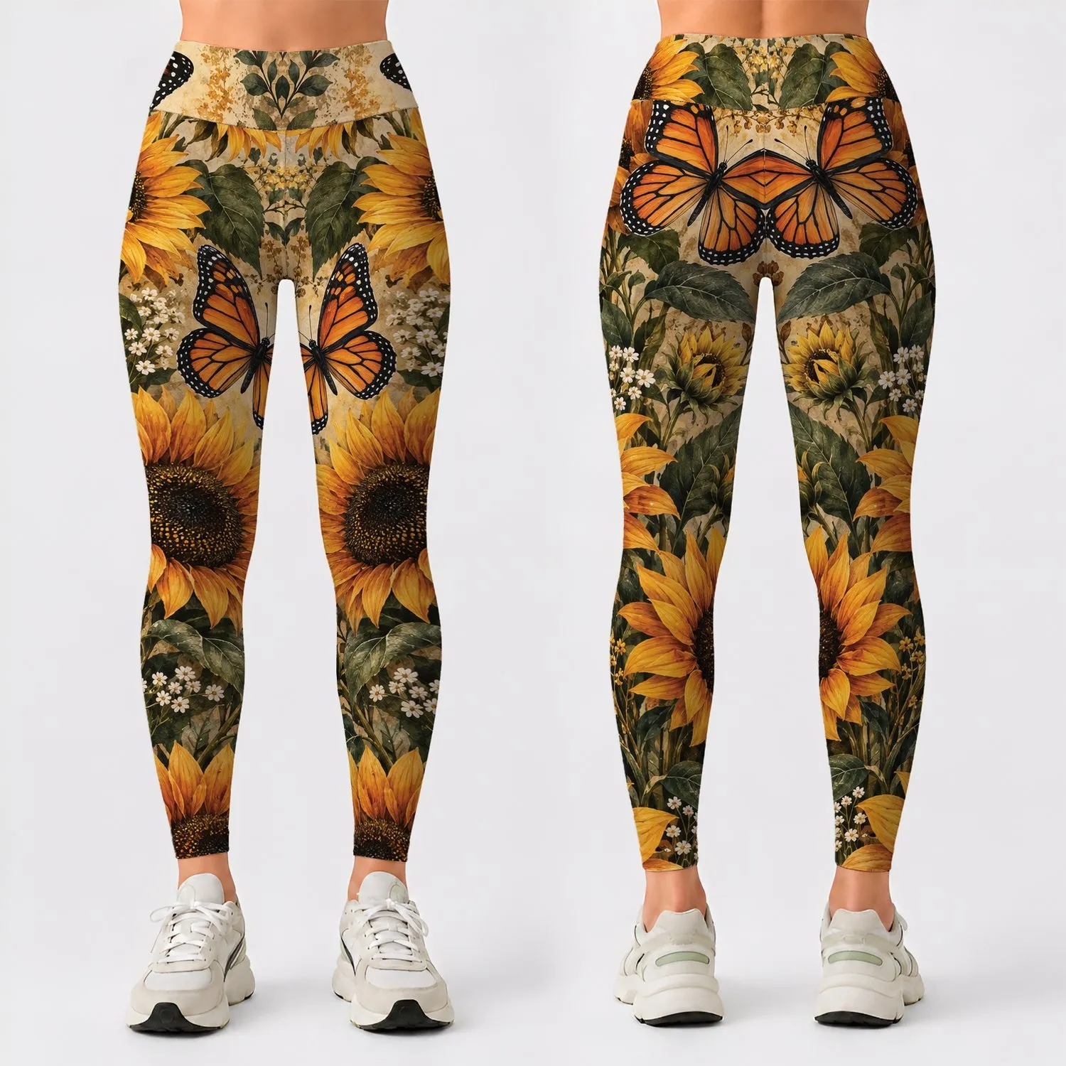 Vintage Monarch Butterflies And Golden Sunflowers For Autumn Garden Lovers And Nature Fans Leggings - 1