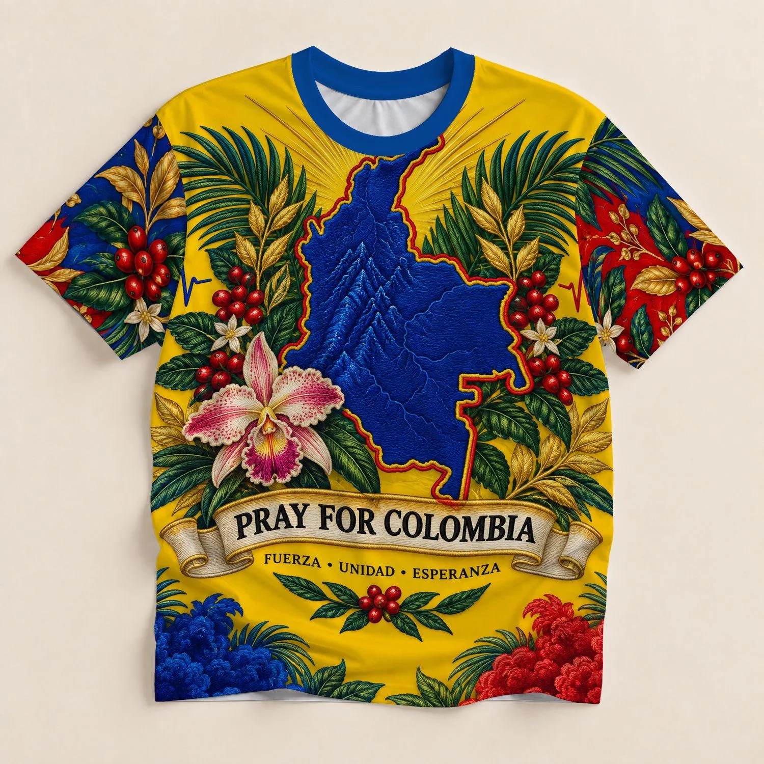 Colombia Map With Orchid And Tropical Foliage For Travel, Festivals And National Pride All-over Print Unisex T-shirt - 1