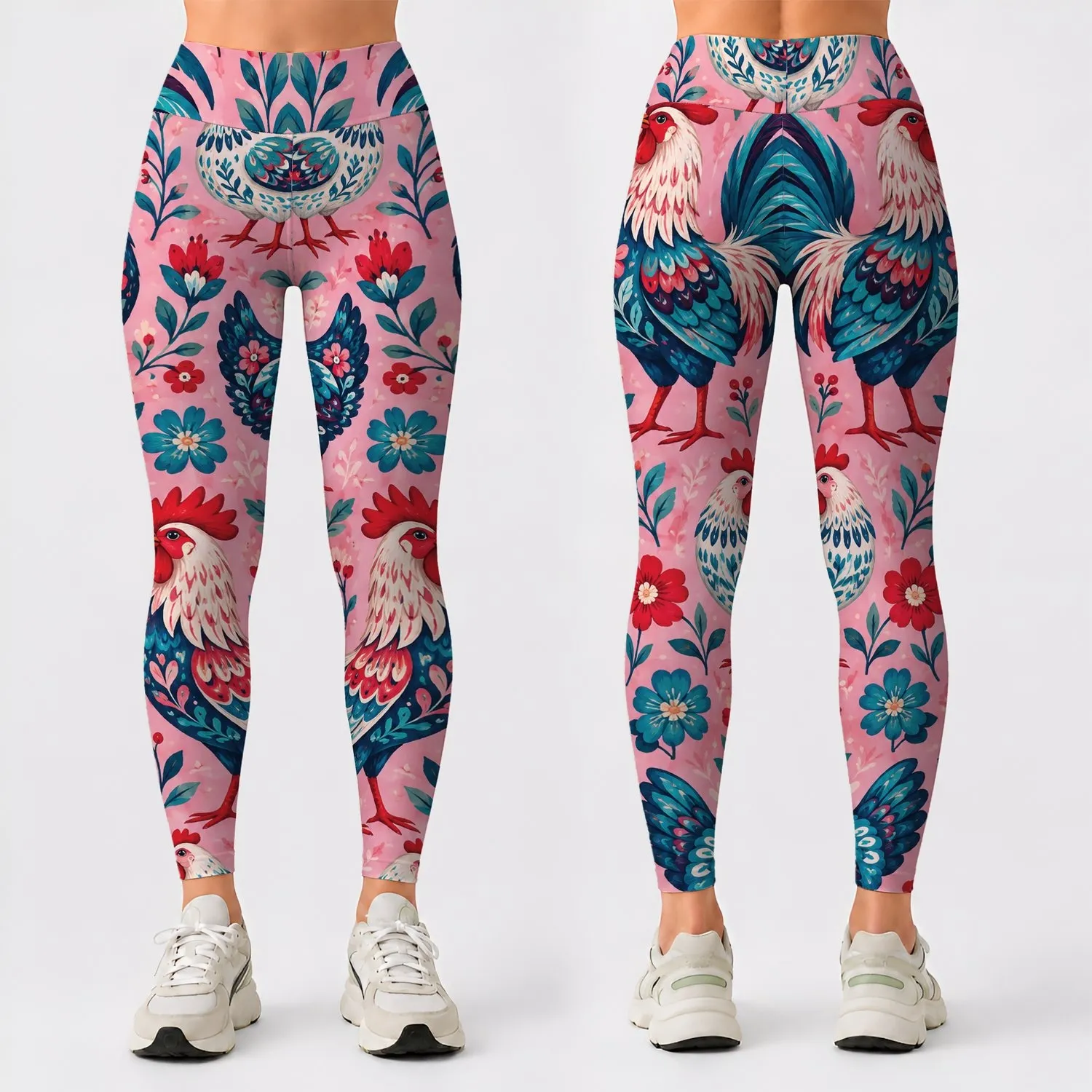 Colorful Folk Rooster Motifs for Cheerful Farmhouse Days and Country Weekend Style Leggings - 1