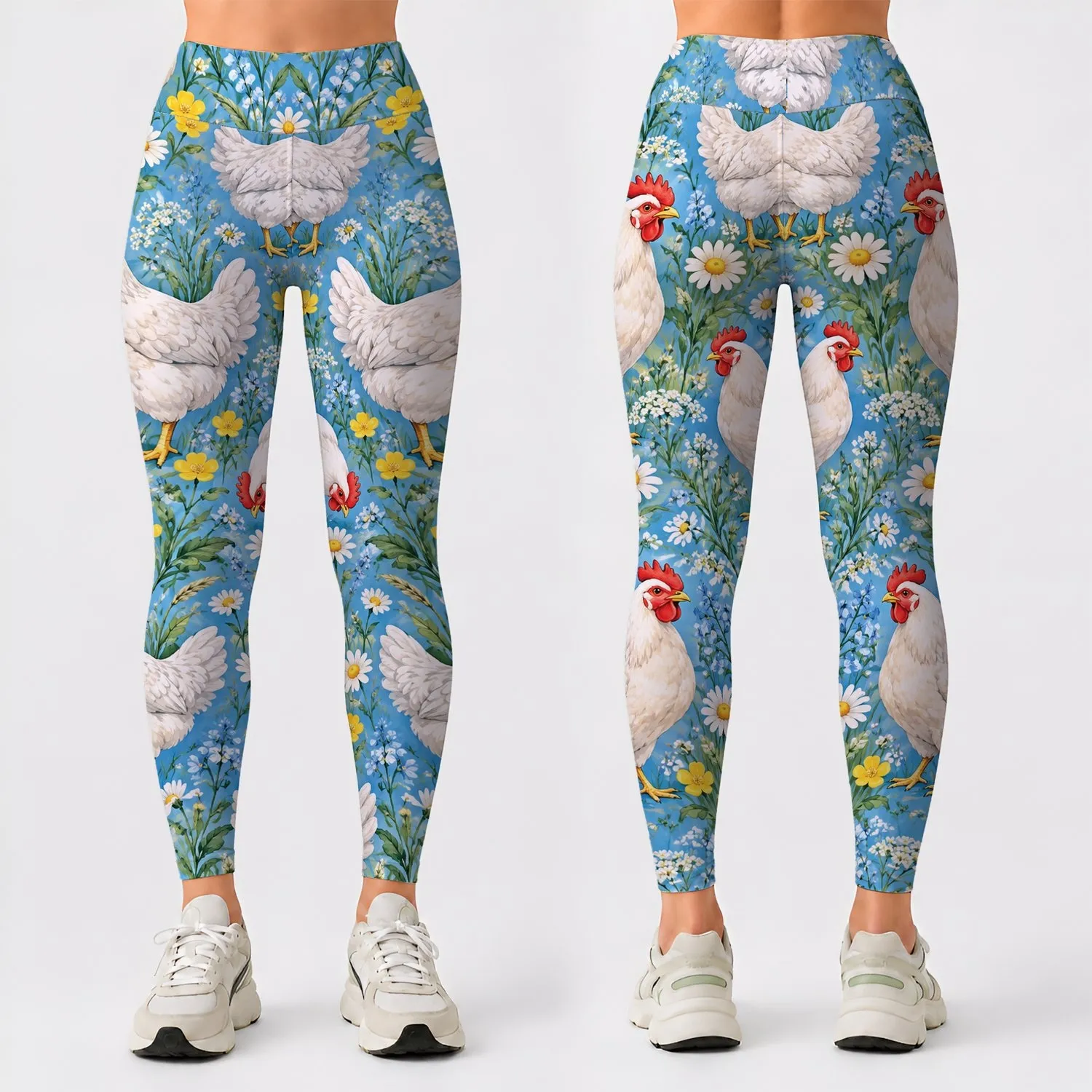 Playful White Farm Chickens And Meadow Blooms For Cozy Country Living And Farmhouse Style Leggings - 1