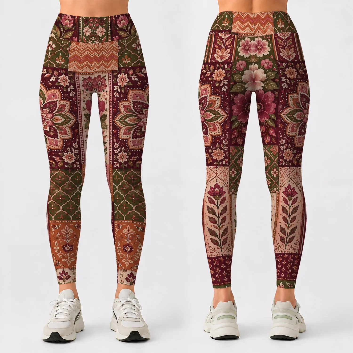 Burgundy Bohemian Folk Florals and Geometric Motifs for Festivals and Relaxed Weekends Leggings - 1