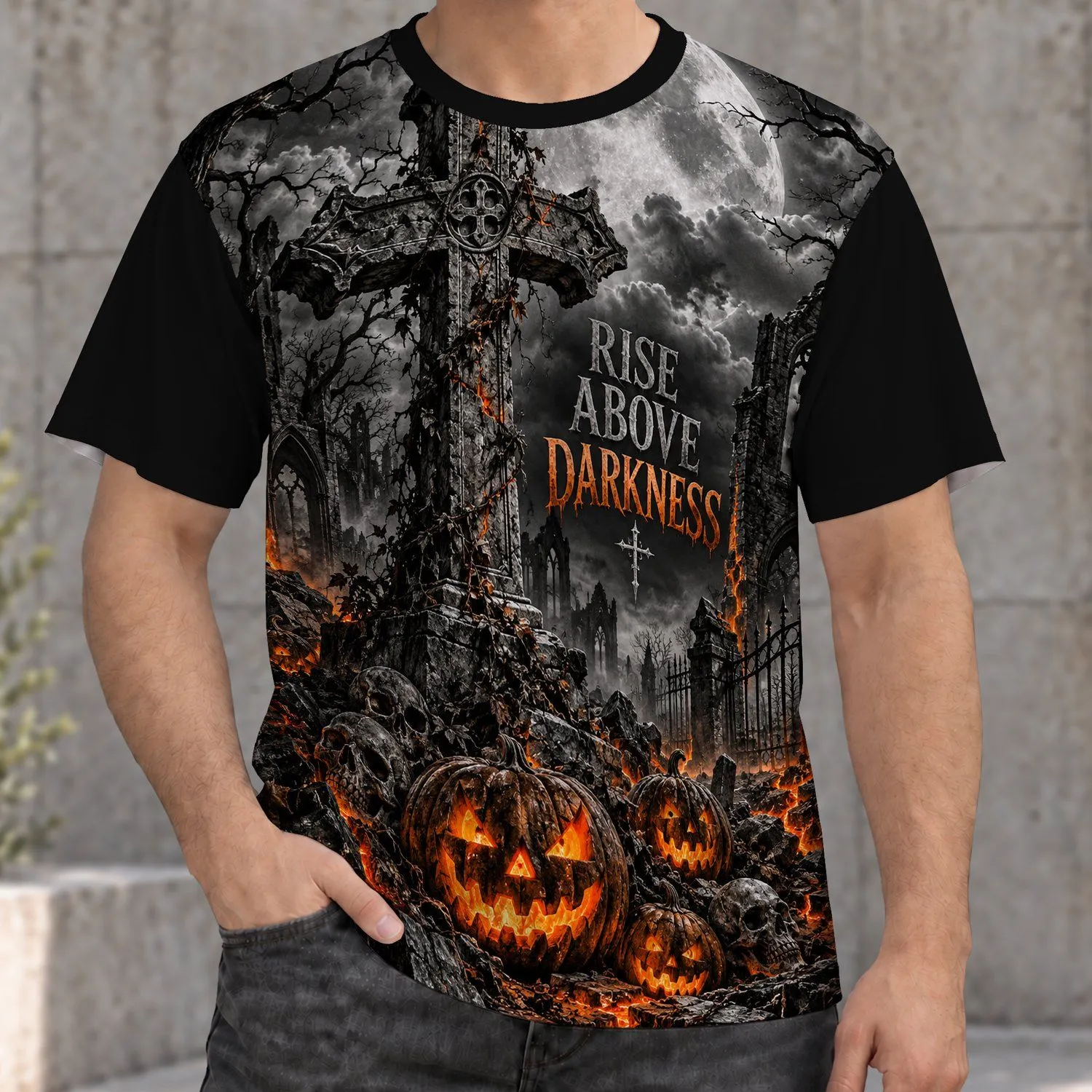 Gothic Pumpkin Cross and Moonlit Graveyard for Halloween Nightwear All-over Print Unisex T-shirt - 1