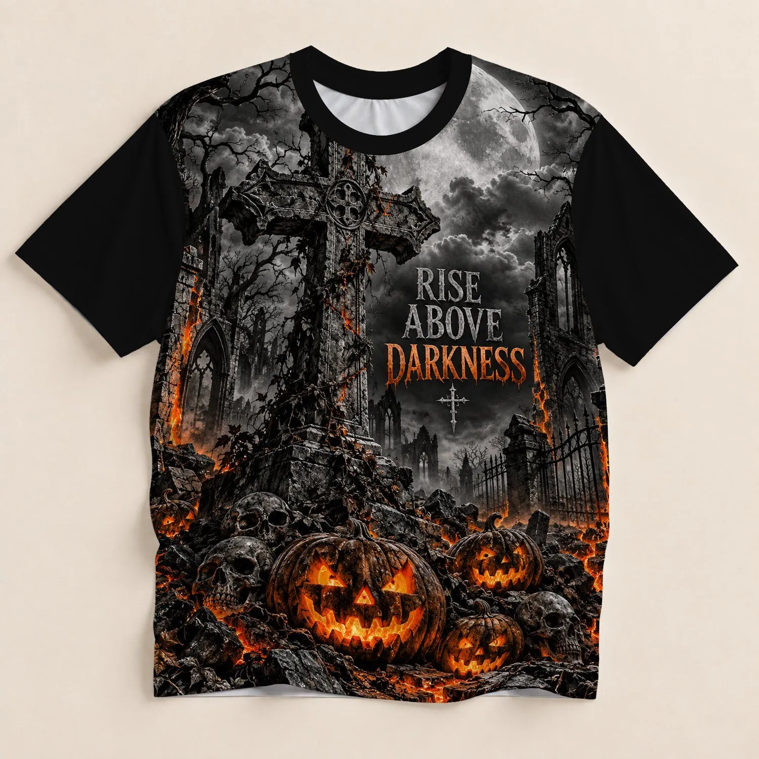 Gothic Pumpkin Cross and Moonlit Graveyard for Halloween Nightwear All-over Print Unisex T-shirt - 1
