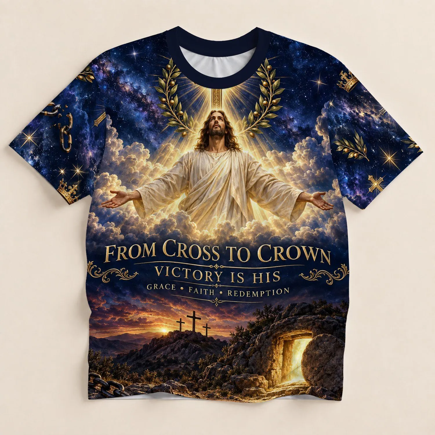 Christian Cross and Crown Faith Message for Worship and Daily Inspiration for Believers All-over Print Unisex T-shirt - 1