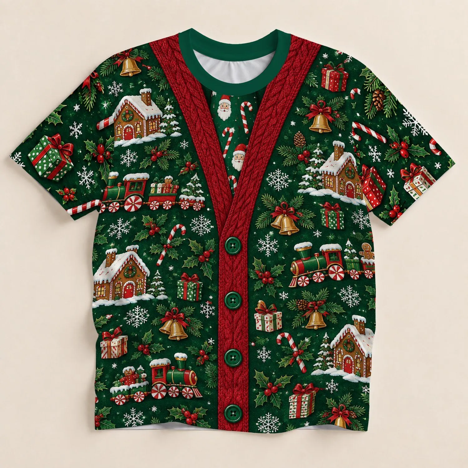 Christmas Holiday Green Vest with Santa and Candy Trains for Festive Parties and Gifting All-over Print Unisex T-shirt - 1