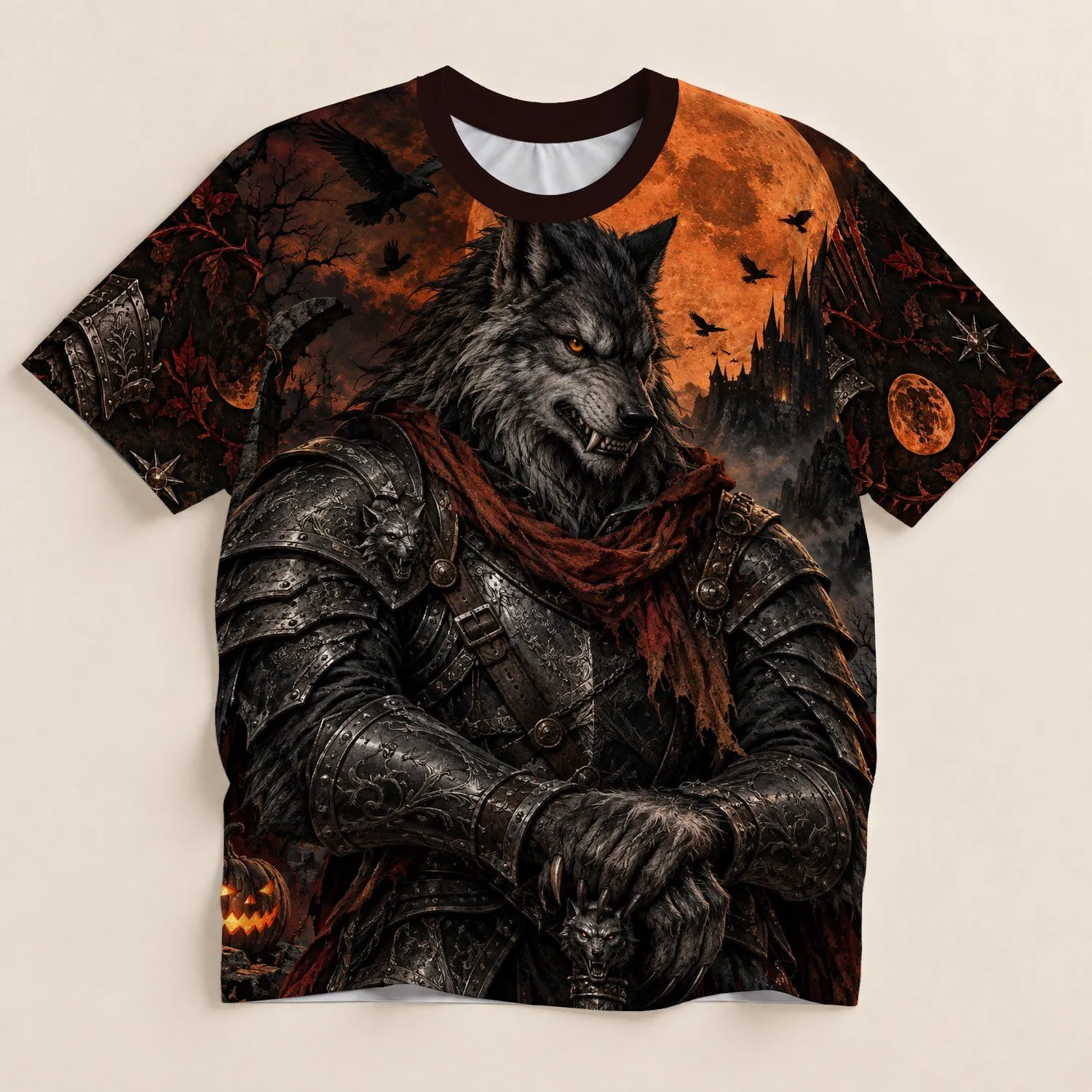 Gothic Wolf Warrior Under Blood Moon for Dark Fantasy Nights and Everyday Wear All-over Print Unisex T-shirt - 1