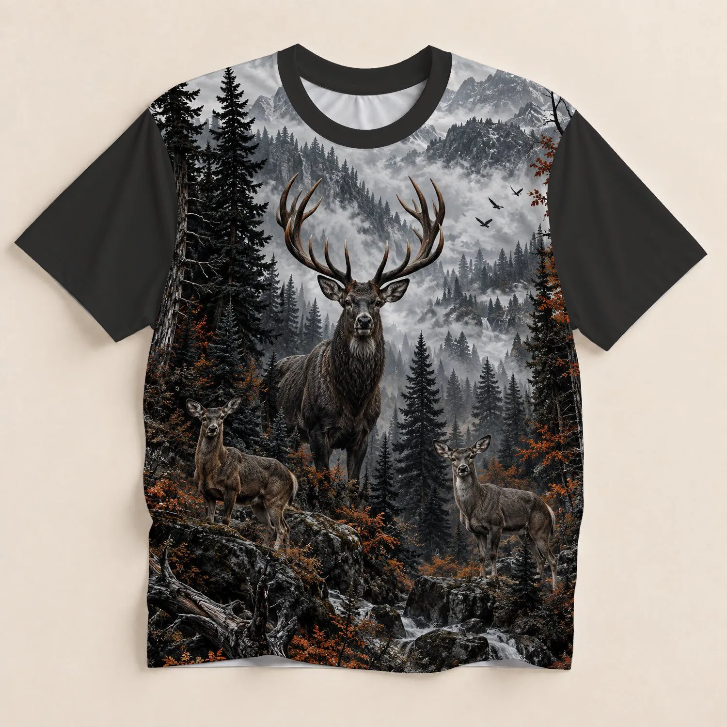 Majestic Deer in Misty Forest for Camping and Hiking Adventures in the Wild Nature All-over Print Unisex T-shirt - 1