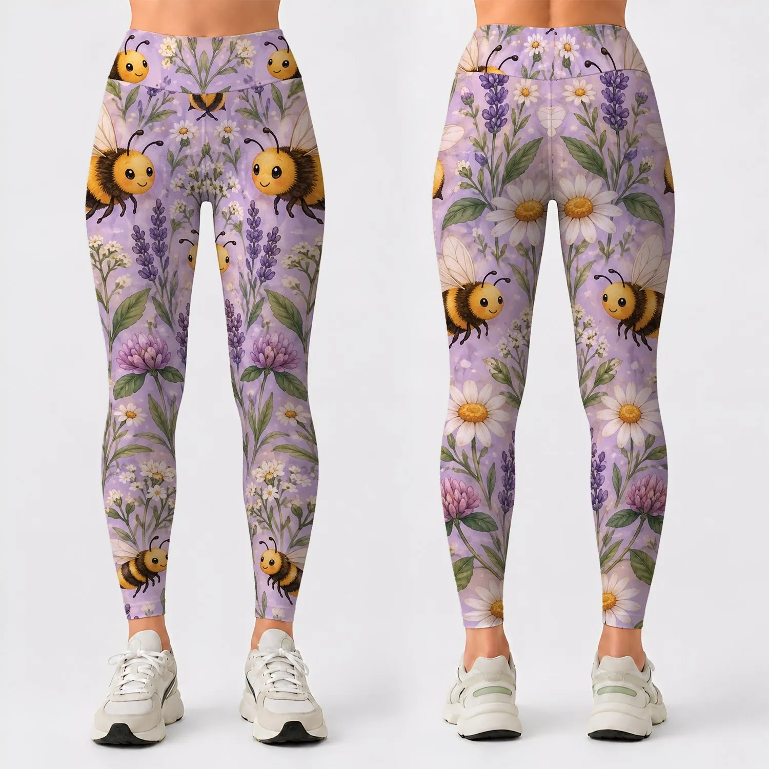 Cute Bumble Bees on Lavender Fields for Cheerful Spring Outings and Garden Days Ahead Leggings - 1