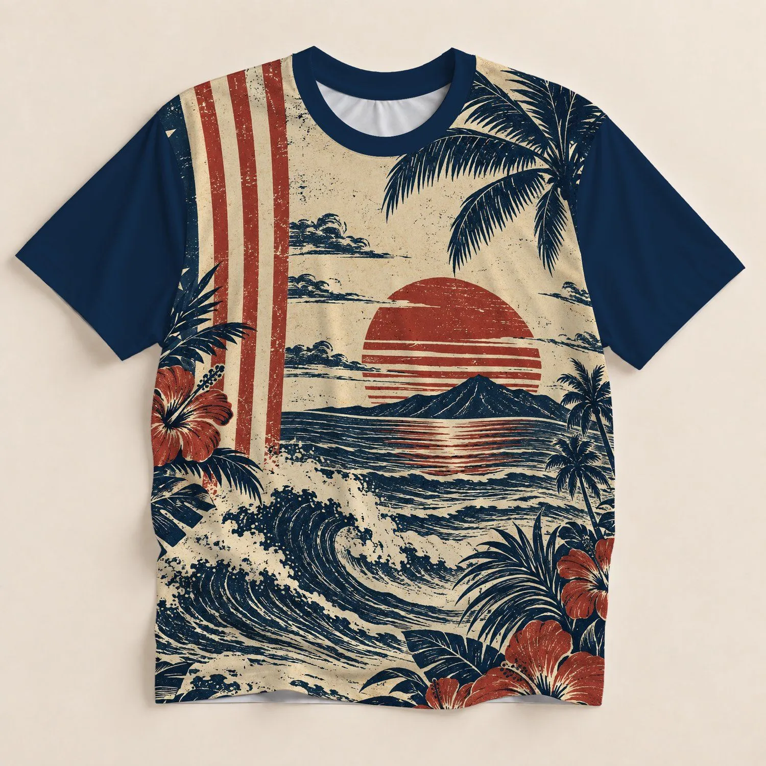 Vintage Tropical Ocean Sunset With Palms for Relaxed Beachside Summer Getaways and Travel All-over Print Unisex T-shirt - 1