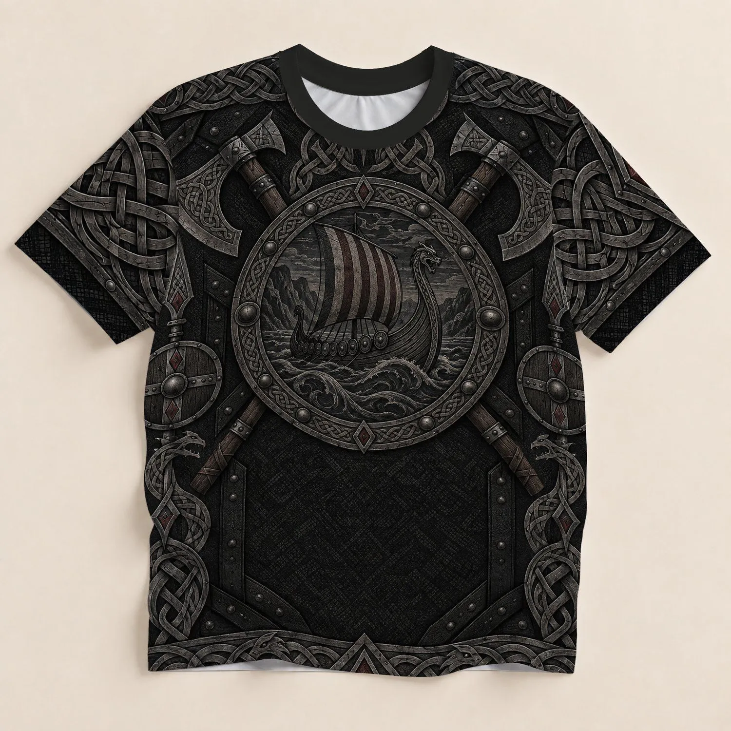 Norse Longship Shield Knot Motifs for Autumn Gatherings and Viking History Enthusiasts All-over Print Unisex T-shirt - 1