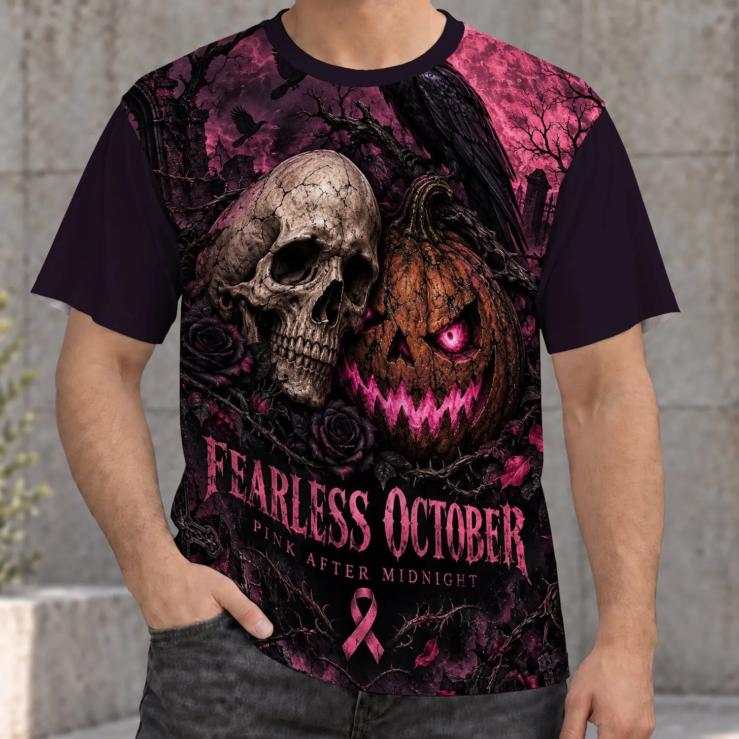 Gothic Skull Pumpkin Raven and Roses for Halloween Night and October Season All-over Print Unisex T-shirt - 1