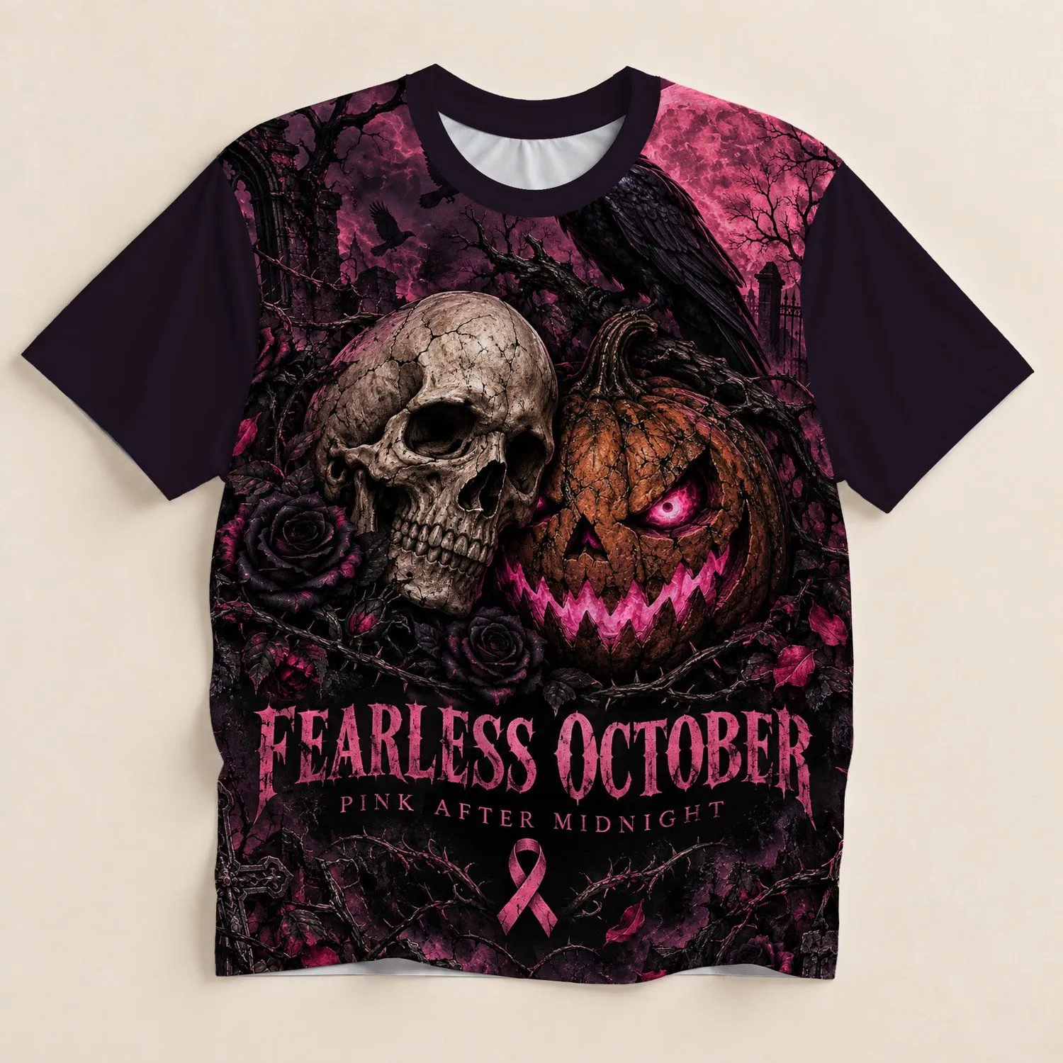 Gothic Skull Pumpkin Raven and Roses for Halloween Night and October Season All-over Print Unisex T-shirt - 1