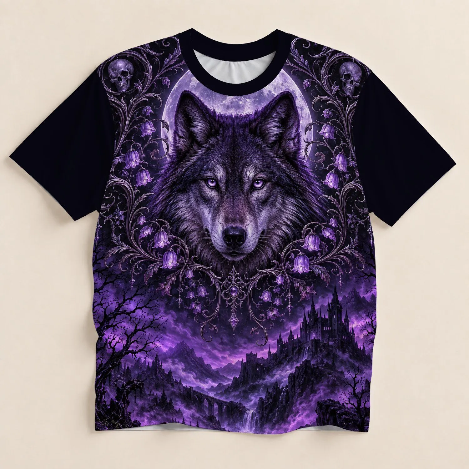 Violet Wolf, Moon and Castle for Gothic Nightlife and Dark Fantasy Fans All-over Print Unisex T-shirt - 1