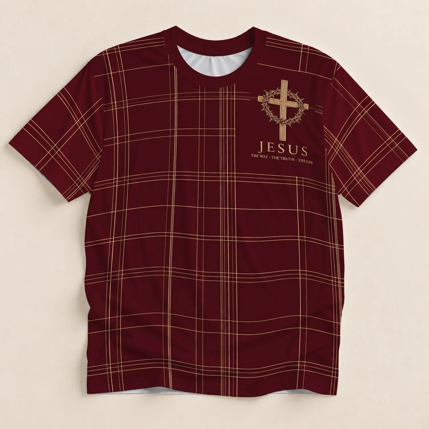 Burgundy Gold Faith Cross Emblem for Worship Gatherings and Everyday Devotion Style All-over Print Unisex T-shirt - 1