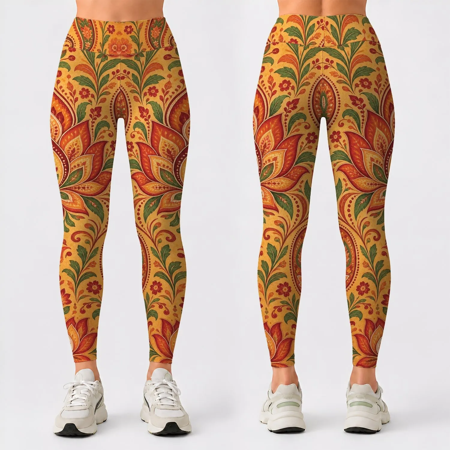 Amber Paisley and Lotus Motifs for Bohemian Weekend Style and Everyday Outings Leggings - 1