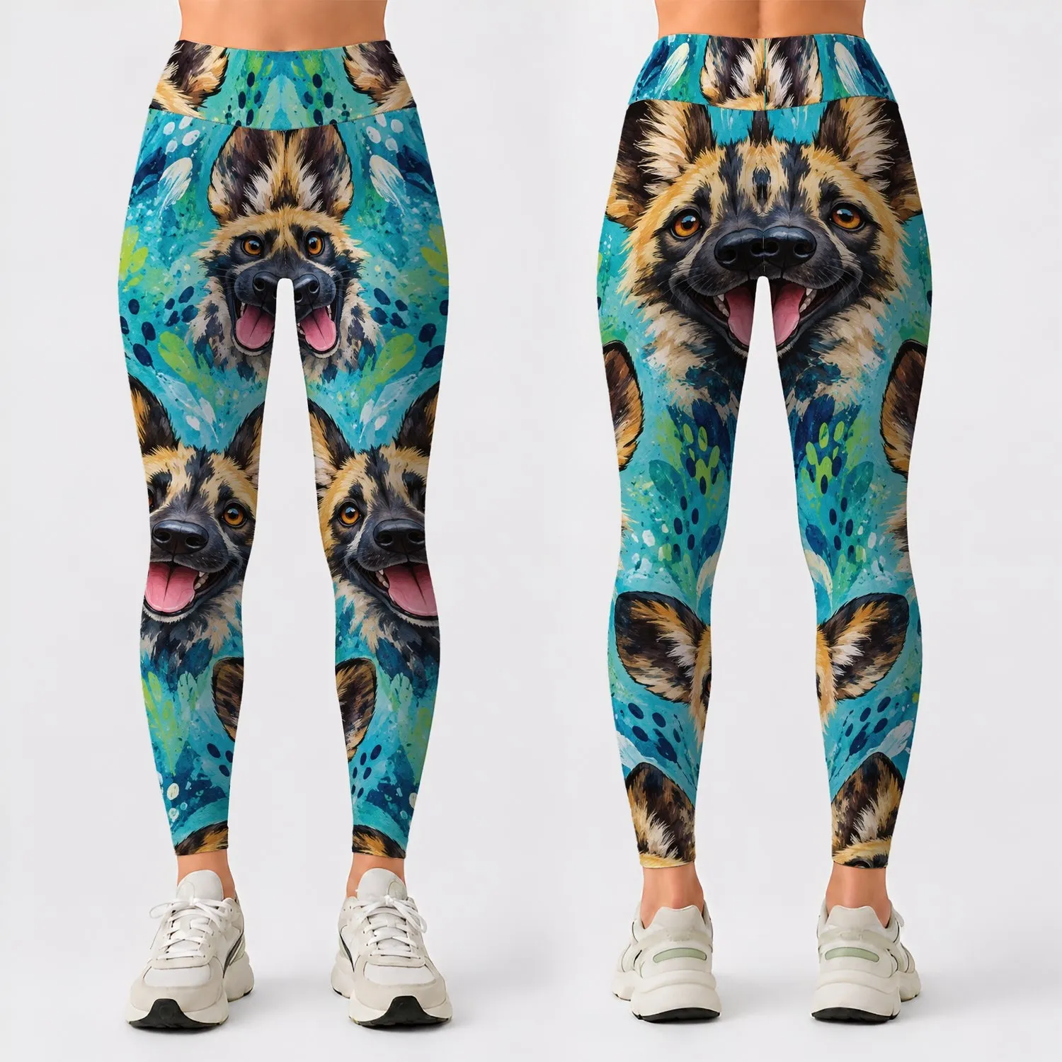 Playful Wild Dog Faces In Turquoise For Bright Summer Days And Casual Outings Leggings - 1