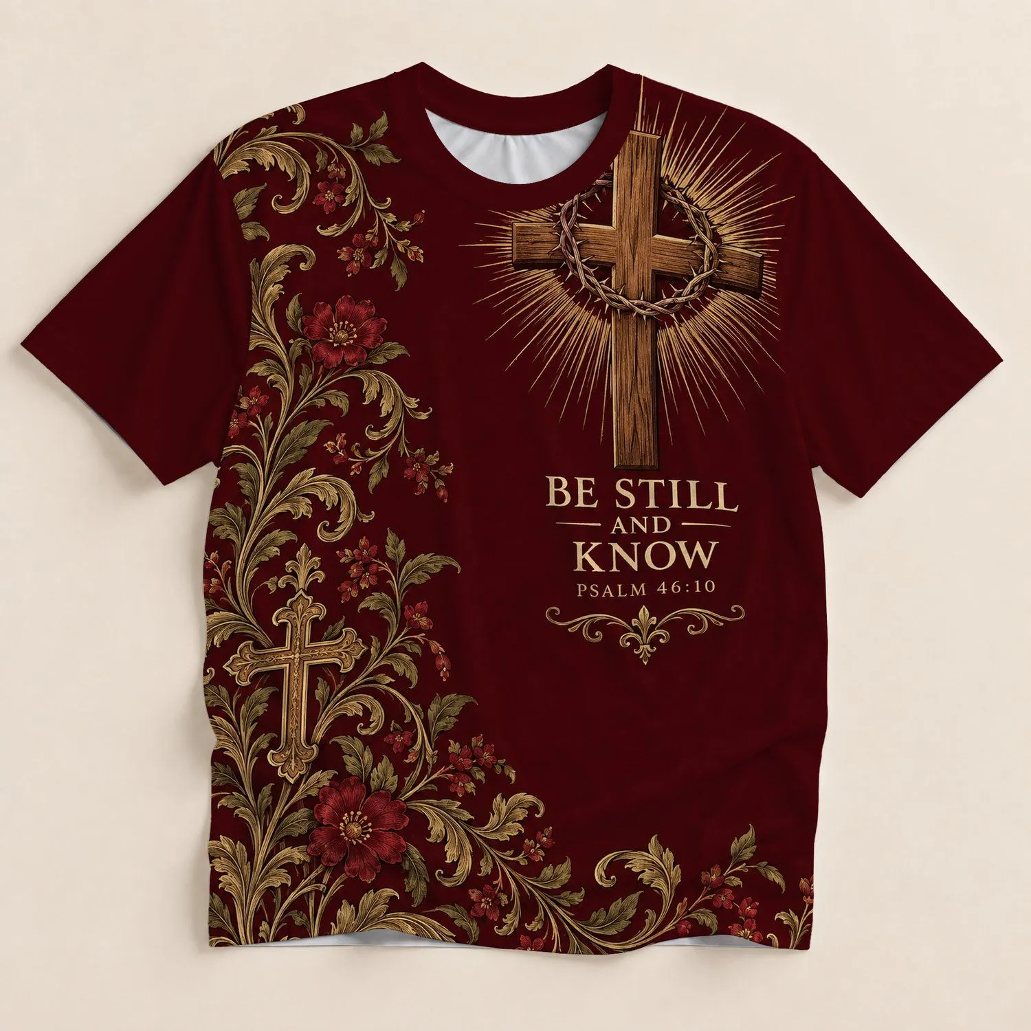 Wooden Cross and Thorn Crown Devotion for Quiet Reflection and Everyday Faith All-over Print Unisex T-shirt - 1